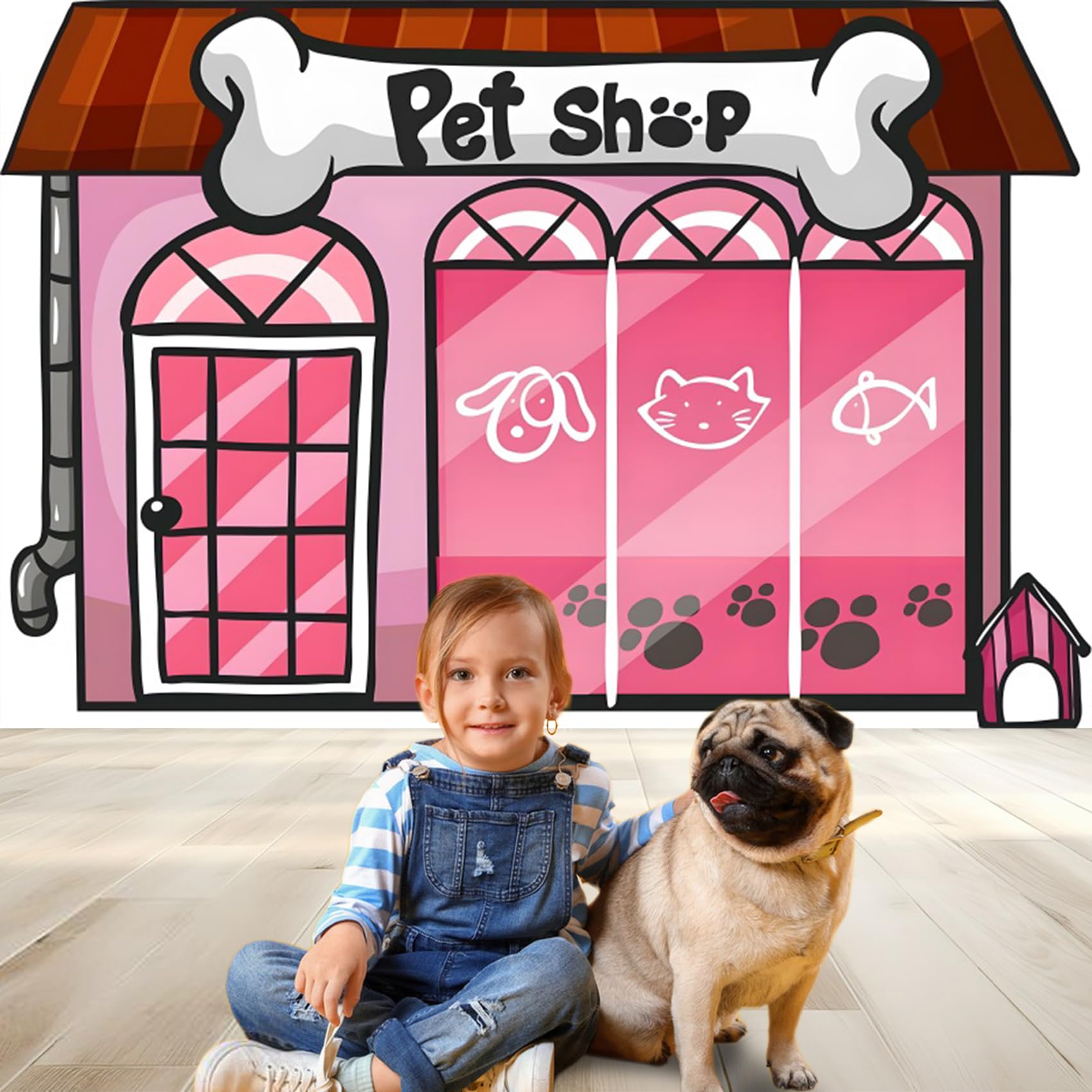 Renaiss 5x3ft Cartoon Pet Shop Backdrop Storefront Bone Shape Signboard Birthday Party Photography Background Pup Dog Cat Theme Party Decoration Banner School Play Background Pets Photo Booth Props - Image 3