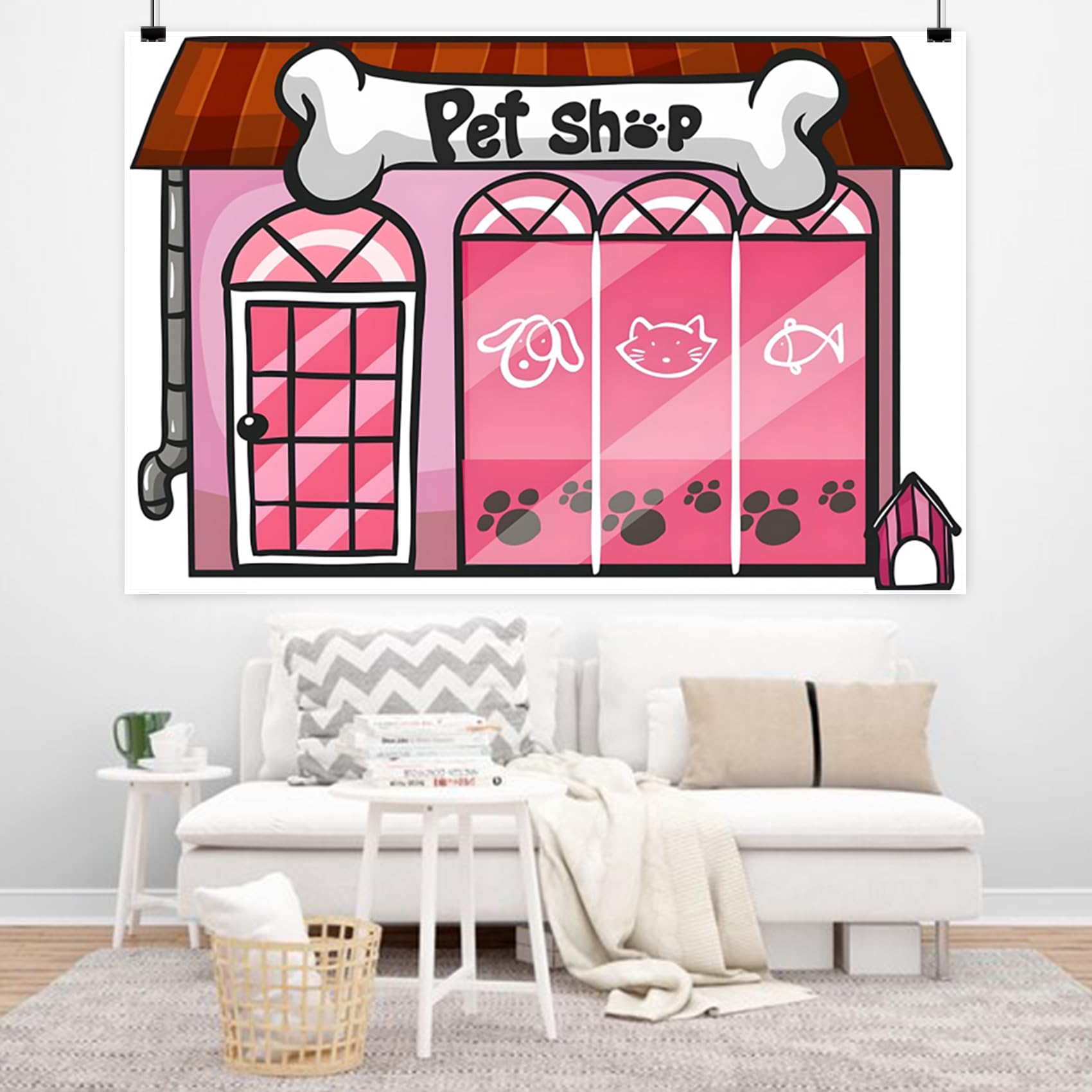 Renaiss 5x3ft Cartoon Pet Shop Backdrop Storefront Bone Shape Signboard Birthday Party Photography Background Pup Dog Cat Theme Party Decoration Banner School Play Background Pets Photo Booth Props - Image 5