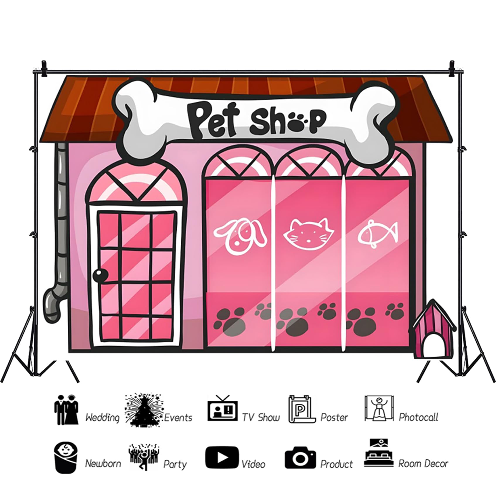 Renaiss 5x3ft Cartoon Pet Shop Backdrop Storefront Bone Shape Signboard Birthday Party Photography Background Pup Dog Cat Theme Party Decoration Banner School Play Background Pets Photo Booth Props - Image 6