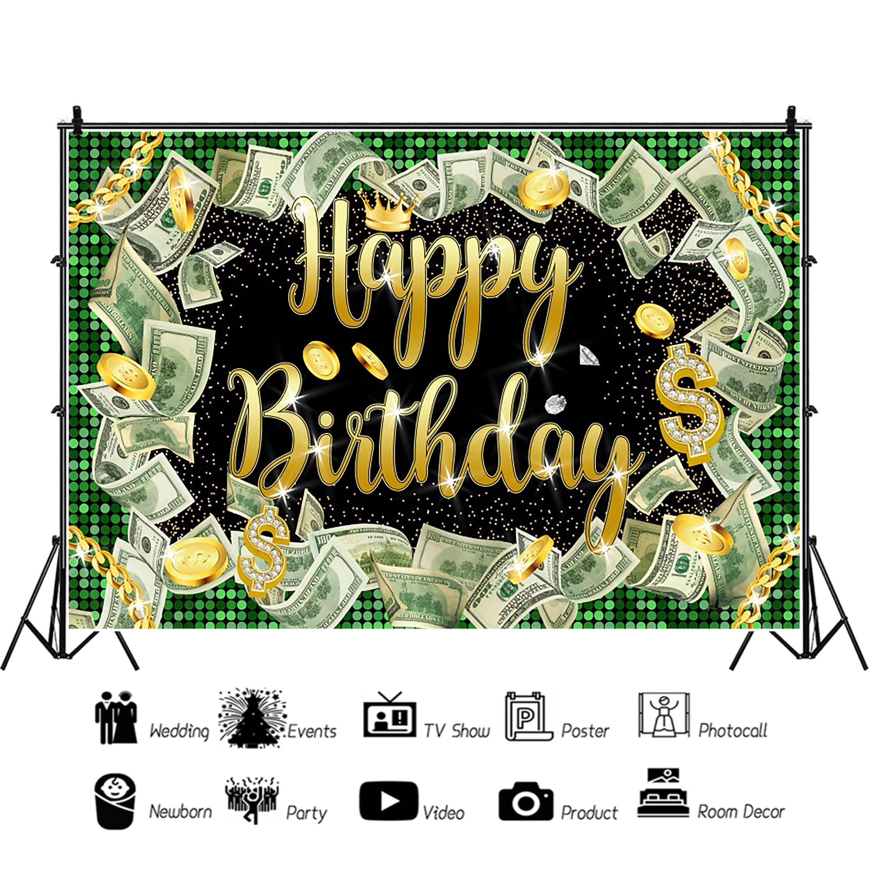 Renaiss 5x3ft Dollar Bill Birthday Backdrop - Black & Green Hip Hop Money Background with Crown, Gold Coins & Diamonds for Birthday Party Decors & Photo Booth Props - Image 3