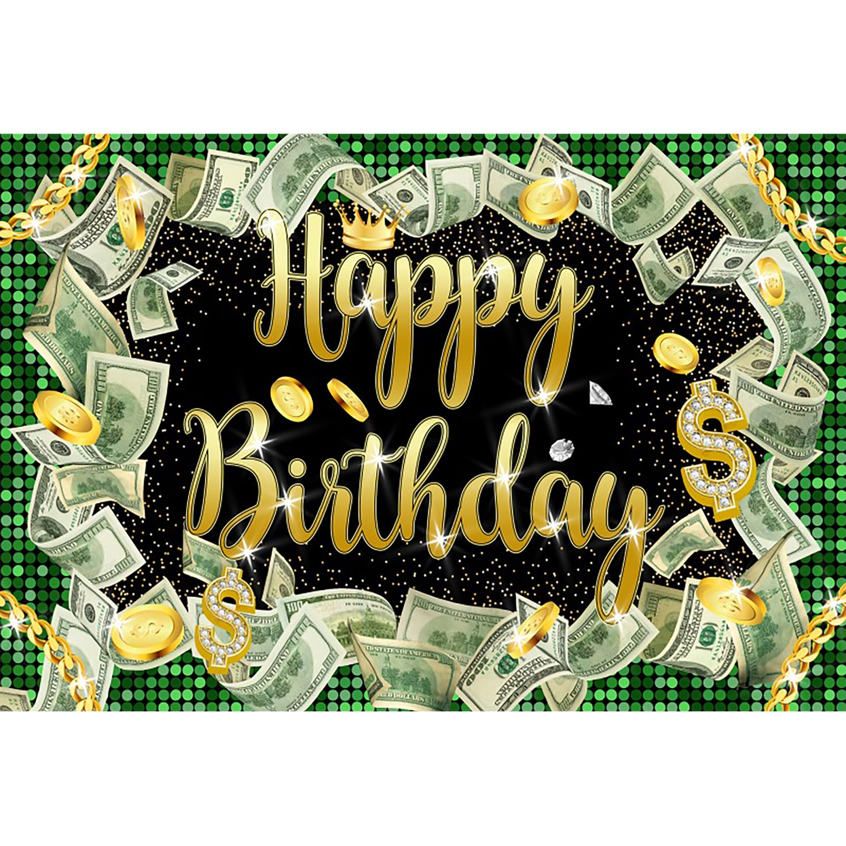 Renaiss 5x3ft Dollar Bill Birthday Backdrop - Black & Green Hip Hop Money Background with Crown, Gold Coins & Diamonds for Birthday Party Decors & Photo Booth Props - Image 4