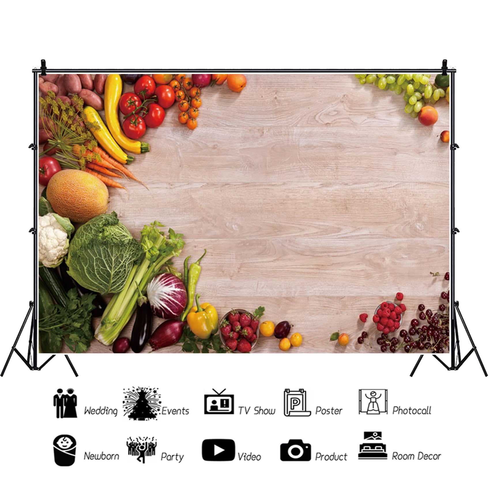 Renaiss 5x3ft Fresh Vegetables Fruit Photography Backdrop Wooden Cabbage Market Restaurant Banner Berry Food for Healthy Nutrition Vegetarian Concept Theme Party Background Kids Birthday Photo Props - Image 3