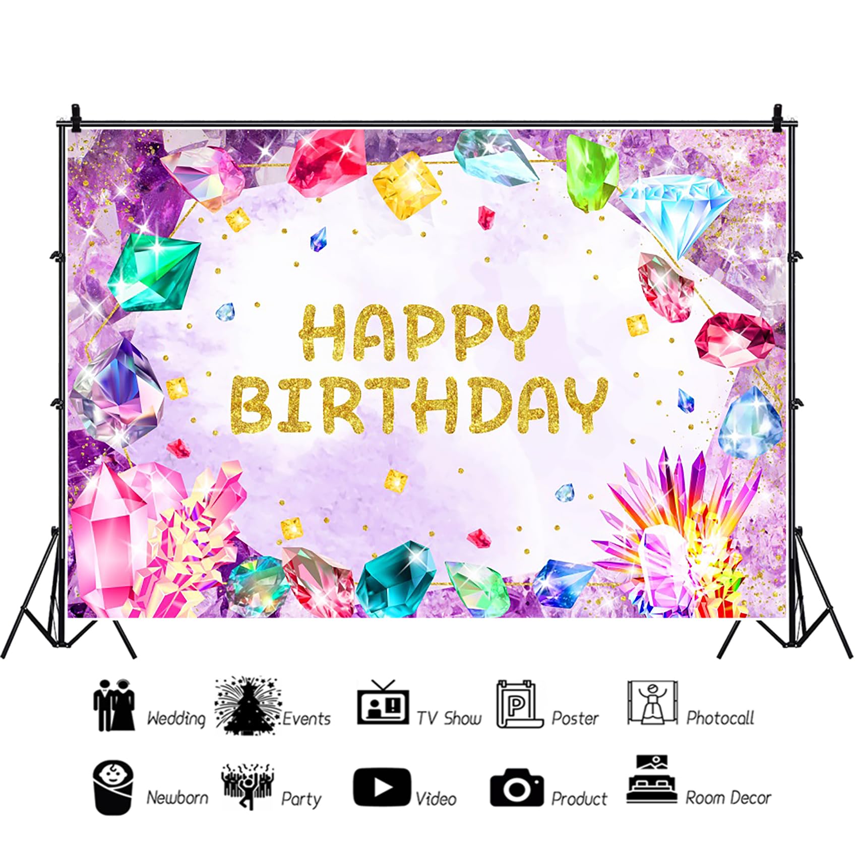 Renaiss 5x3ft Gemstone Birthday Backdrop for Her She is a Gem Birthday Photography Background Happy Birthday Banner Jewel Diamond Crystal Princess Girls Kids Birthday Party Decor Photo Booth Props - Image 4