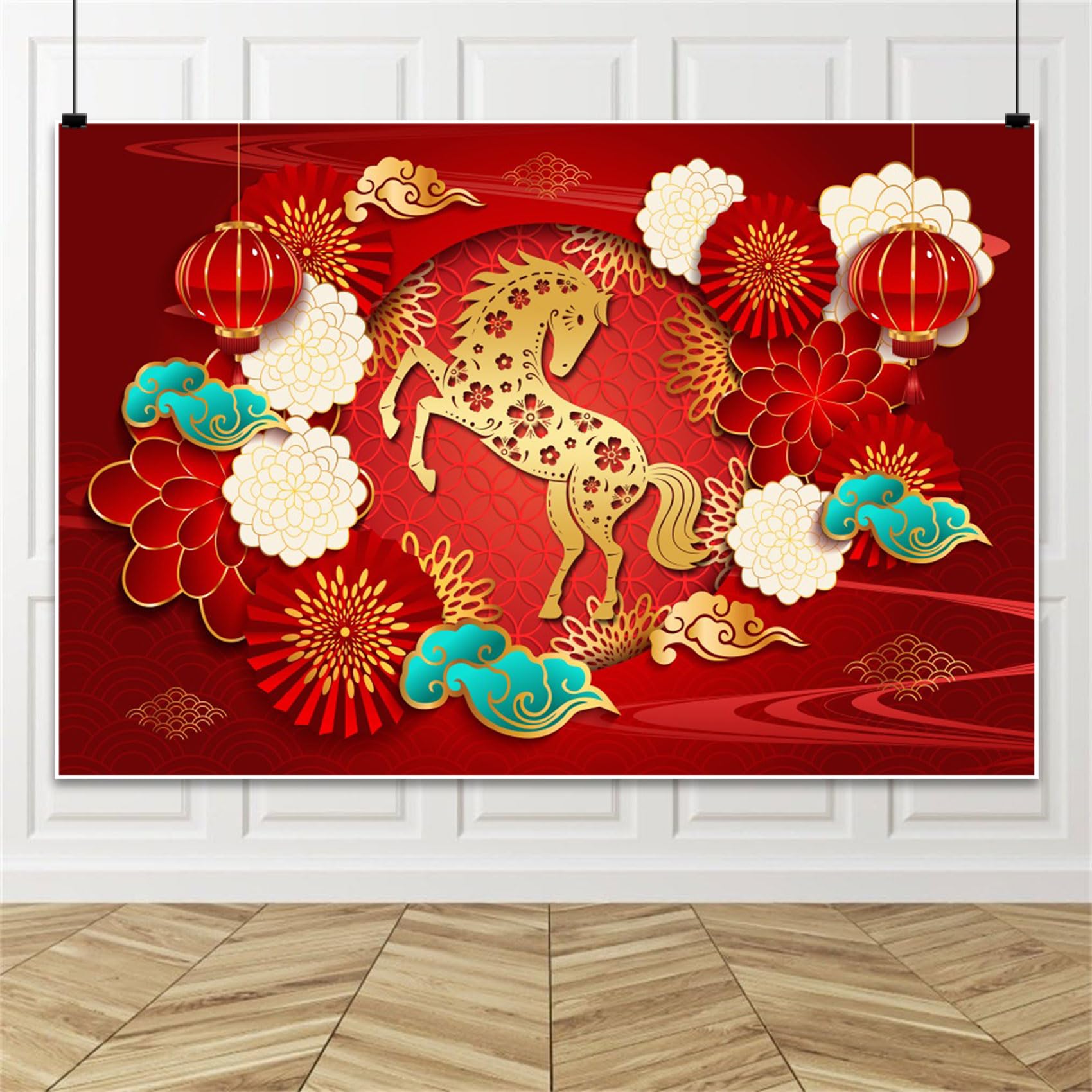 Renaiss 5x3ft Happy Chinese New Year Backdrop Year of The Horse Spring Festival Banner Gold Horse Lucky Clouds Flowers Background Chinese Birthday Lantern Festival Party Decors Photo Studio Props - Image 3