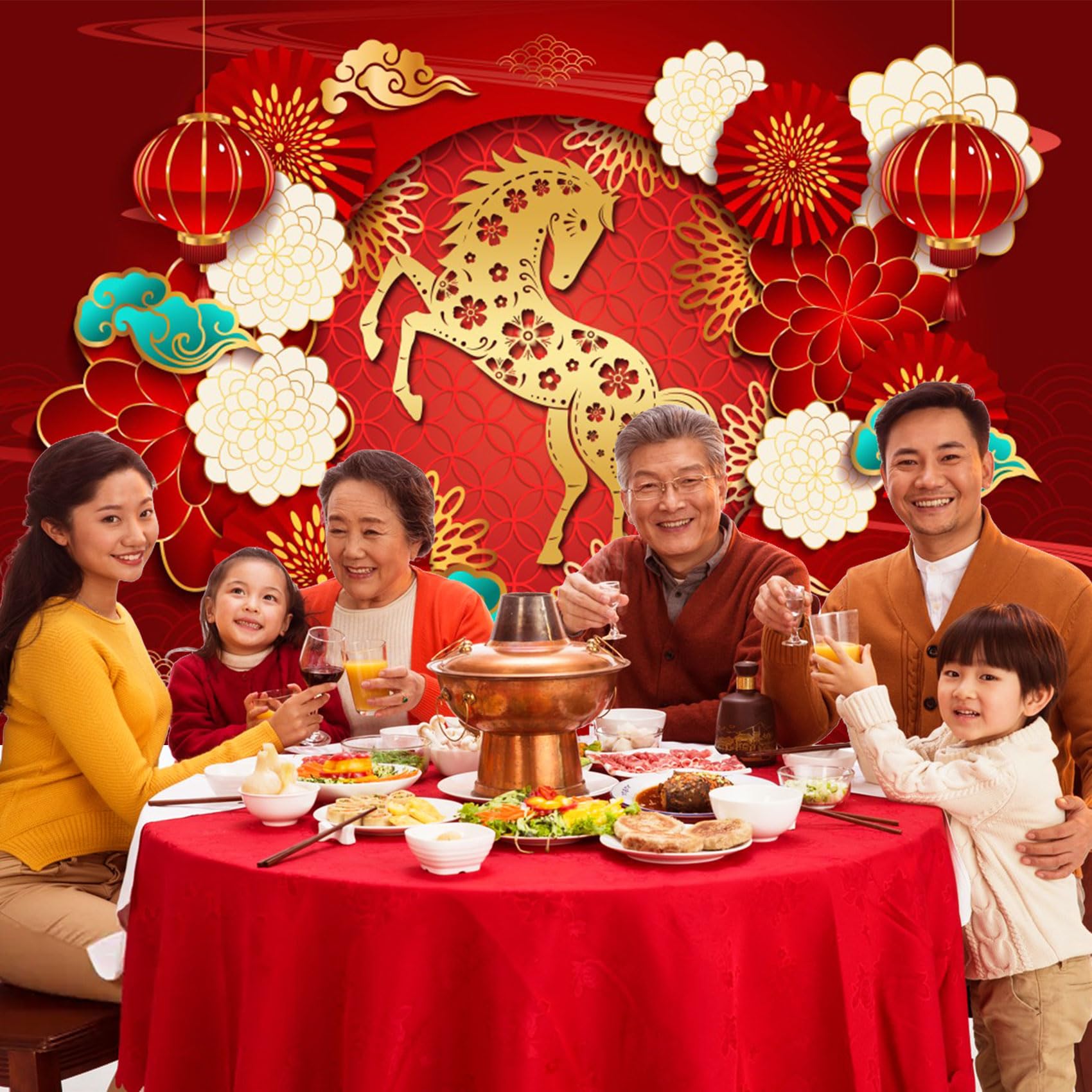 Renaiss 5x3ft Happy Chinese New Year Backdrop Year of The Horse Spring Festival Banner Gold Horse Lucky Clouds Flowers Background Chinese Birthday Lantern Festival Party Decors Photo Studio Props - Image 5
