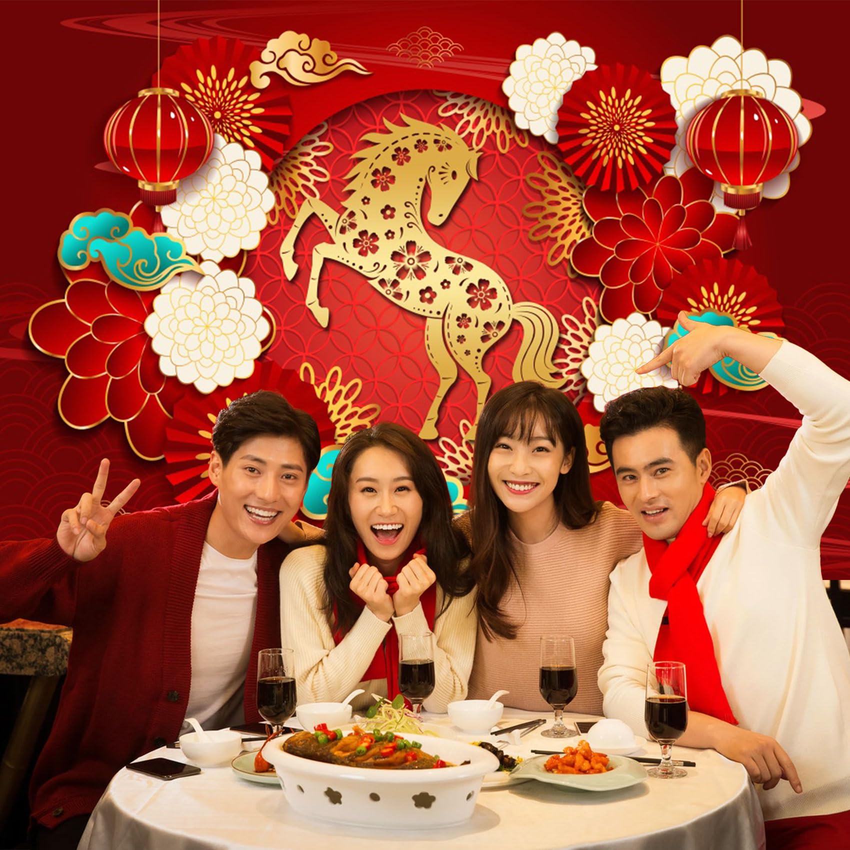 Renaiss 5x3ft Happy Chinese New Year Backdrop Year of The Horse Spring Festival Banner Gold Horse Lucky Clouds Flowers Background Chinese Birthday Lantern Festival Party Decors Photo Studio Props - Image 6