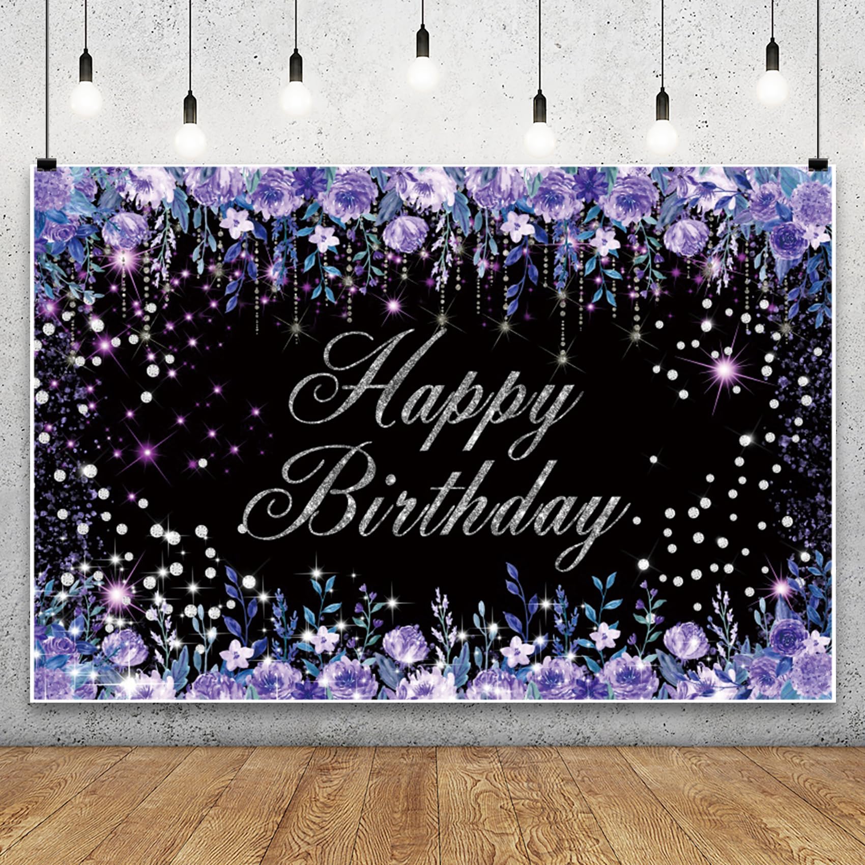 Renaiss 5x3ft Puple Rose Birthday Backdrop for Girls Women Birthday Party Decors Violet Wild Flowers Diamonds Princess Birthday Photography Background Crystal Violet Bday Banner Photo Booth Props - Image 3
