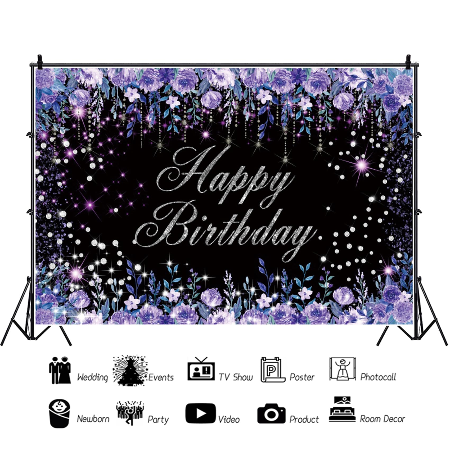 Renaiss 5x3ft Puple Rose Birthday Backdrop for Girls Women Birthday Party Decors Violet Wild Flowers Diamonds Princess Birthday Photography Background Crystal Violet Bday Banner Photo Booth Props - Image 4