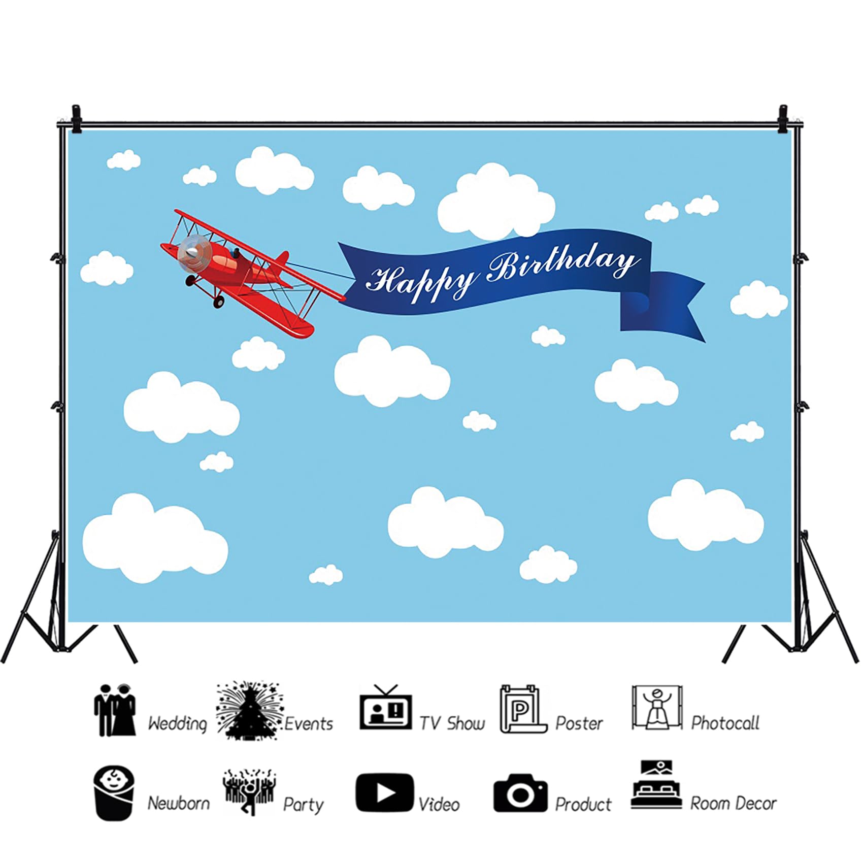 Renaiss 5x3ft Red Biplane Birthday Backdrop Airman Theme Happy Birthday Banner White Cloud Blue Sky Plane Photography Background Airplane Theme Birthday Party Decor Adventure Theme Photo Booth Props - Image 3