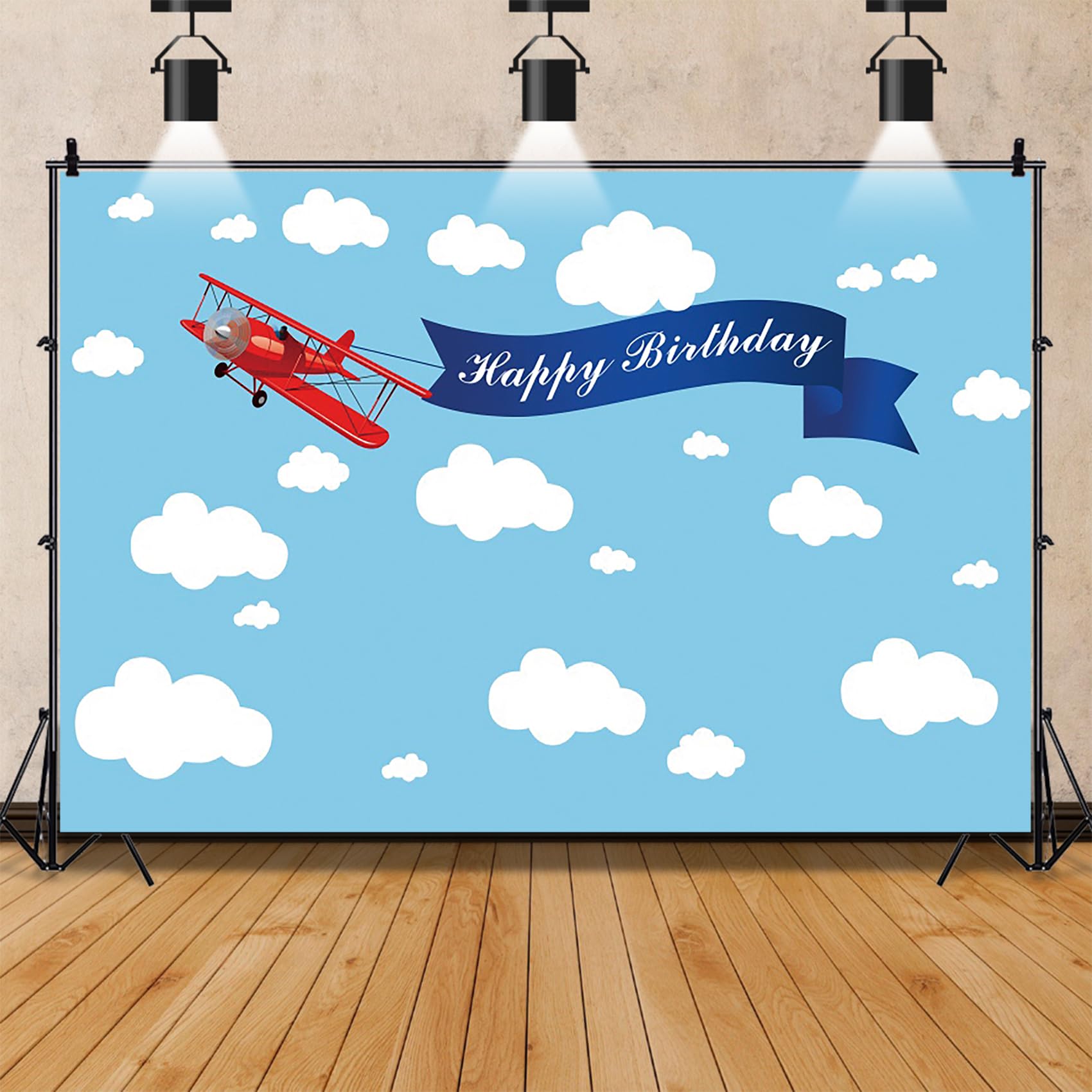 Renaiss 5x3ft Red Biplane Birthday Backdrop Airman Theme Happy Birthday Banner White Cloud Blue Sky Plane Photography Background Airplane Theme Birthday Party Decor Adventure Theme Photo Booth Props - Image 4