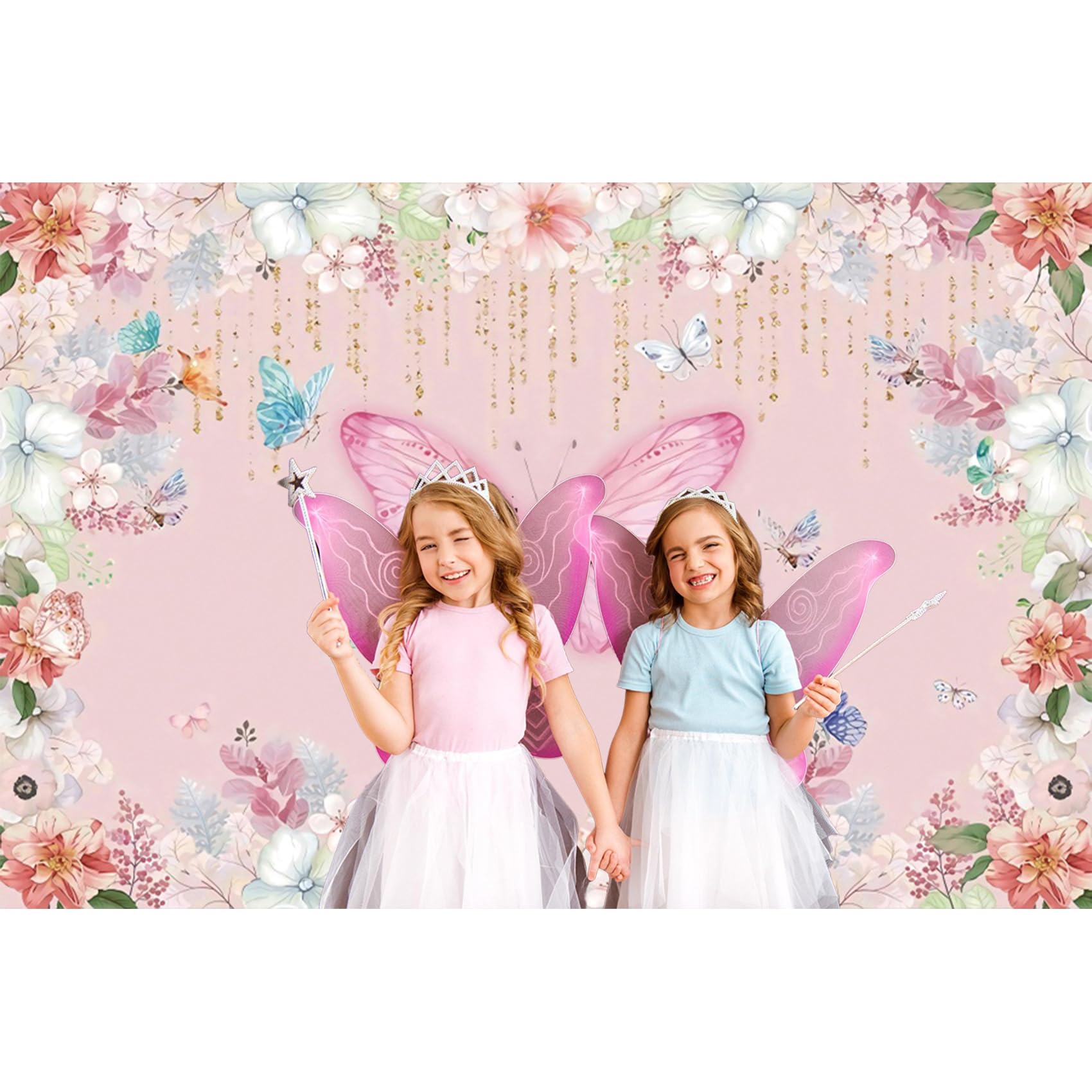 Renaiss 5x4ft Butterfly Baby Shower Backdrop Fabric Elegant Pink Florals Photography Background for Girls Princess Butterflies Birthday Party Decorations Cake Table Banner Events Photo Booth Prop - Image 3