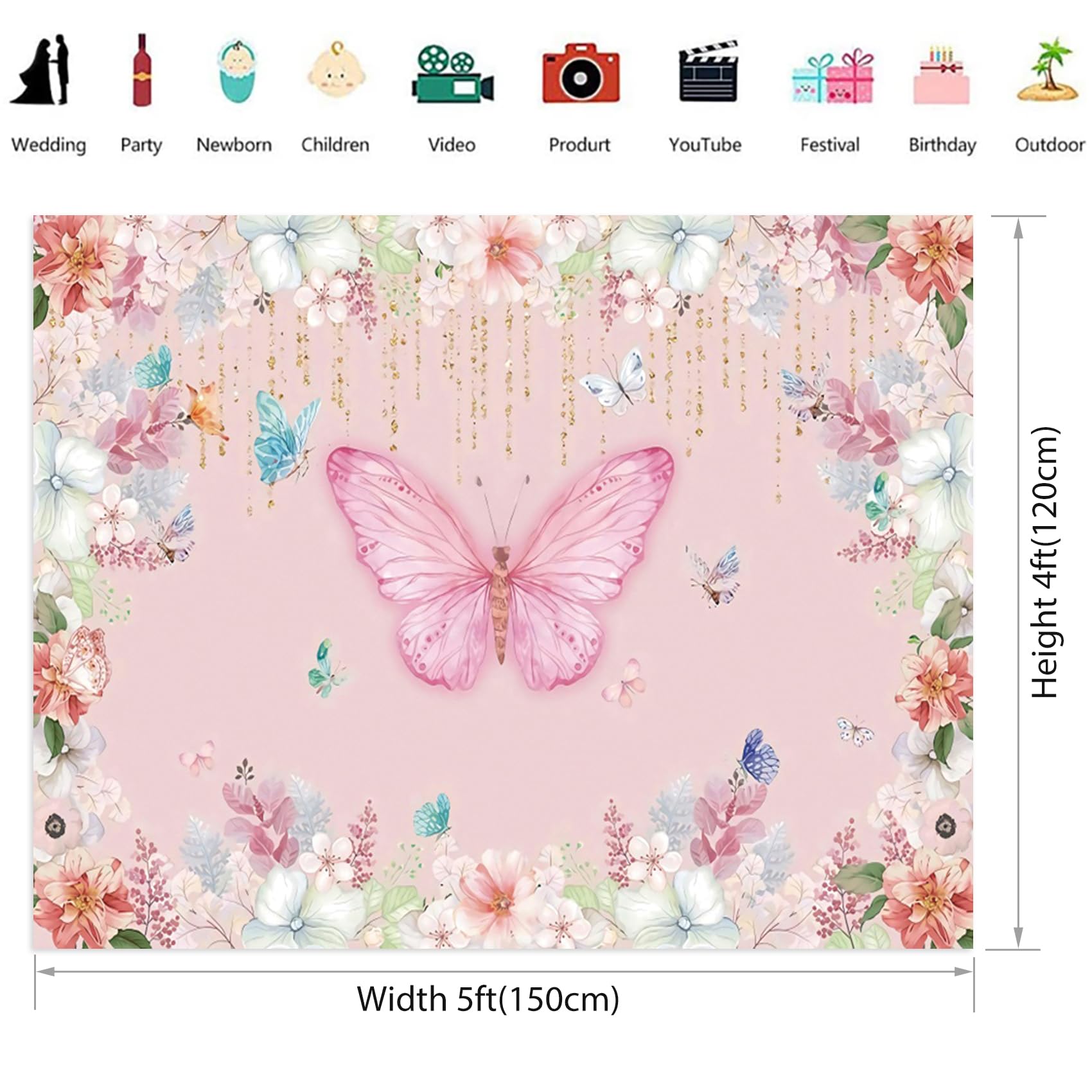 Renaiss 5x4ft Butterfly Baby Shower Backdrop Fabric Elegant Pink Florals Photography Background for Girls Princess Butterflies Birthday Party Decorations Cake Table Banner Events Photo Booth Prop - Image 6