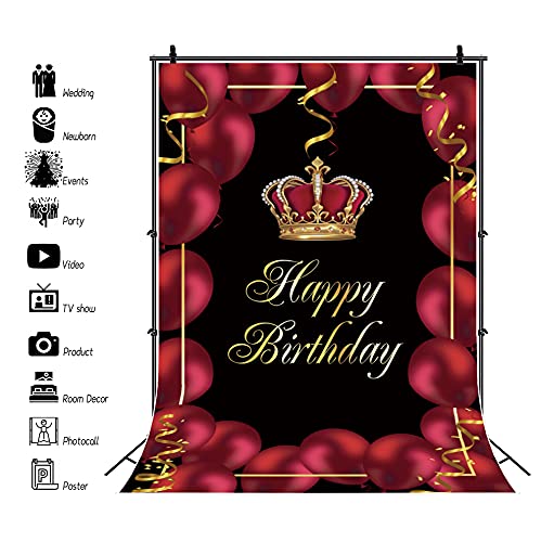 Renaiss 5x7ft Gold Crown Backdrop for Photoshoot Man Woman Portrait Golden Ribbons Burgundy Red Balloons Luxury Photography Background Happy Birthday Banner Poster Bday Party Decors Photo Studio Prop - Image 3
