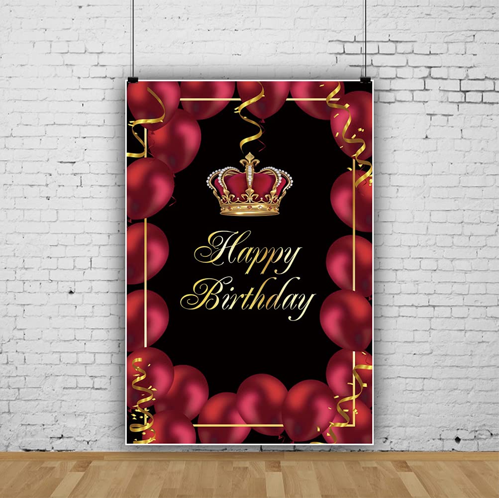 Renaiss 5x7ft Gold Crown Backdrop for Photoshoot Man Woman Portrait Golden Ribbons Burgundy Red Balloons Luxury Photography Background Happy Birthday Banner Poster Bday Party Decors Photo Studio Prop - Image 4