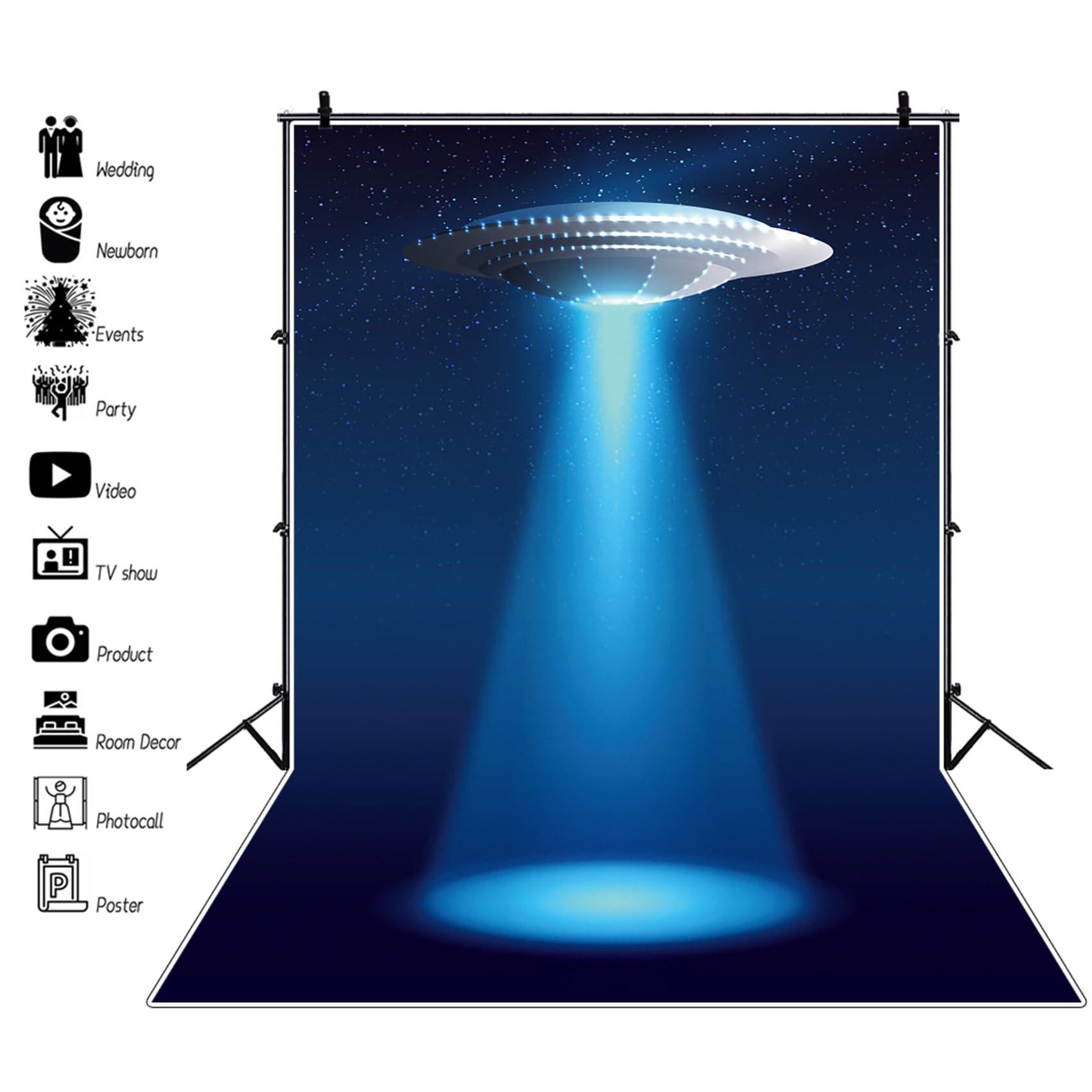 Renaiss 5x7ft UFO Alien Backdrop Blue Starry Sky Flying Saucer Spaceship Alien Spacecraft Photography Background Birthday Halloween Party Decor Adults Kids Sci-Fi Portrait Pet Product Photo Props - Image 3