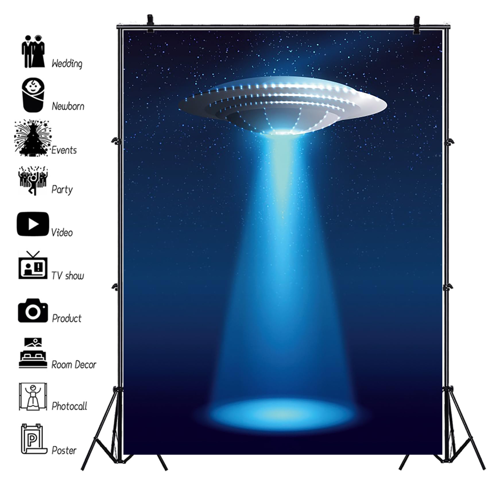 Renaiss 5x7ft UFO Alien Backdrop Blue Starry Sky Flying Saucer Spaceship Alien Spacecraft Photography Background Birthday Halloween Party Decor Adults Kids Sci-Fi Portrait Pet Product Photo Props - Image 4