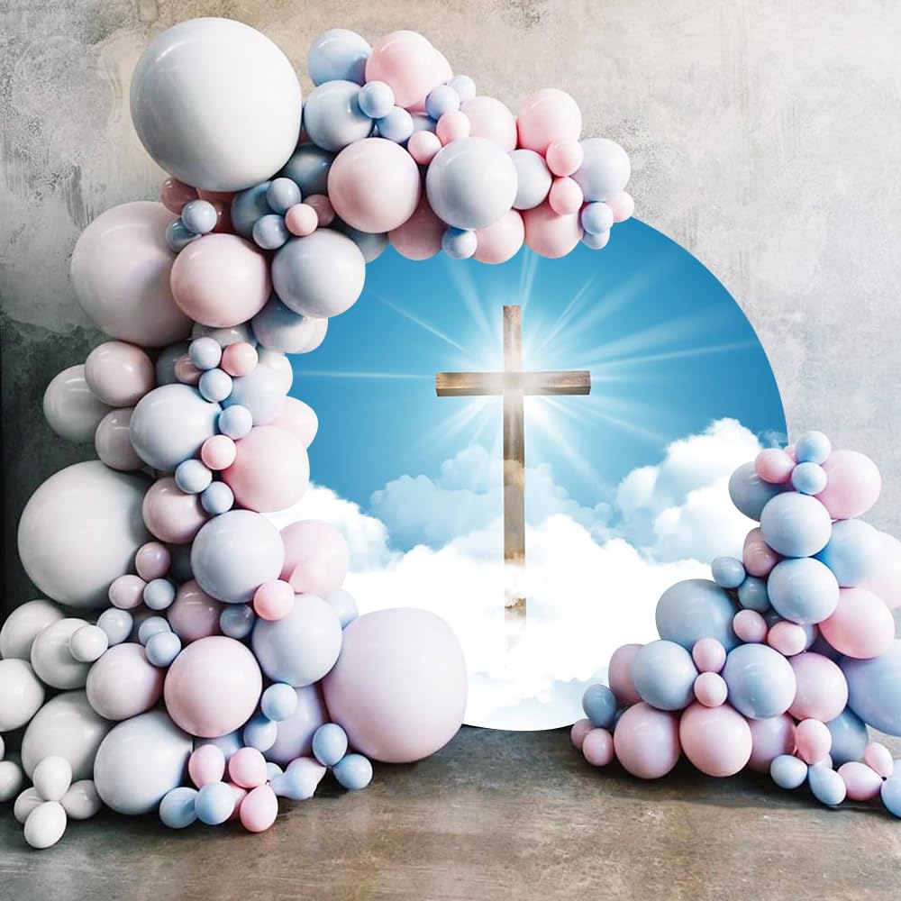 Renaiss 6.5x6.5ft Holy Light Heaven Cross Round Backdrop Cover Blue Sky White Clouds Paradise Crucifix Easter Circle Photography Background Christian Party Decors Church Event Arch Photo Booth Props - Image 3