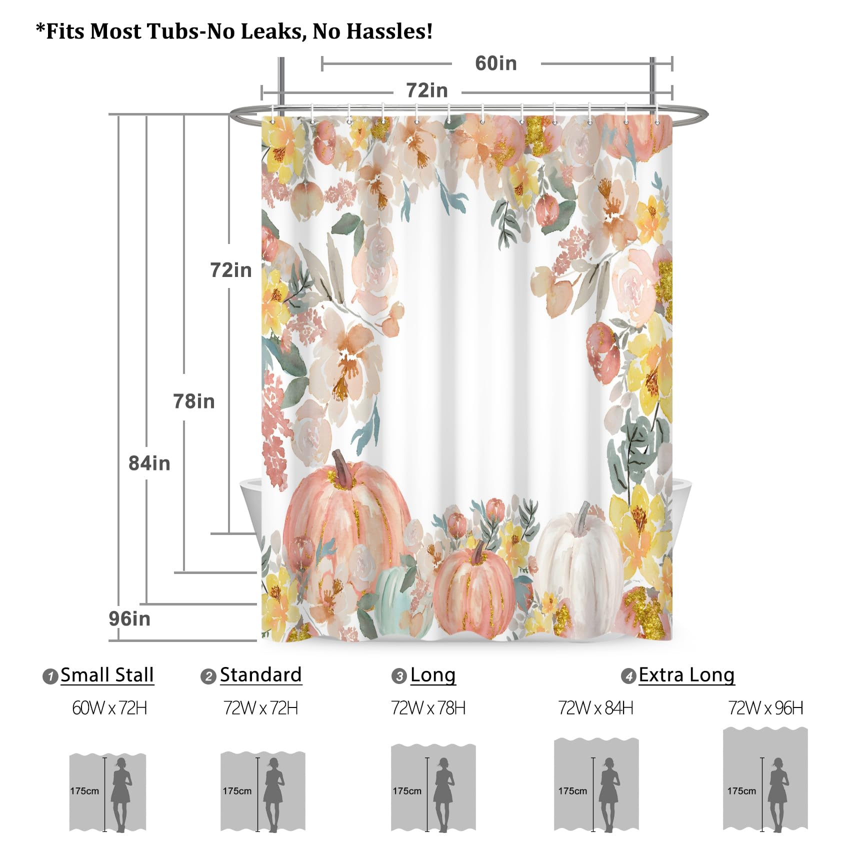 Renaiss 72 x 72 Inch Autumn Shower Curtain for Bathroom Pink Watercolor Pumpkins Floral Bathroom Decor Fall Harvest Farmhouse Rustic Polyester Fabric Waterproof Bathr Curtain Set with Plastic Hooks - Image 5