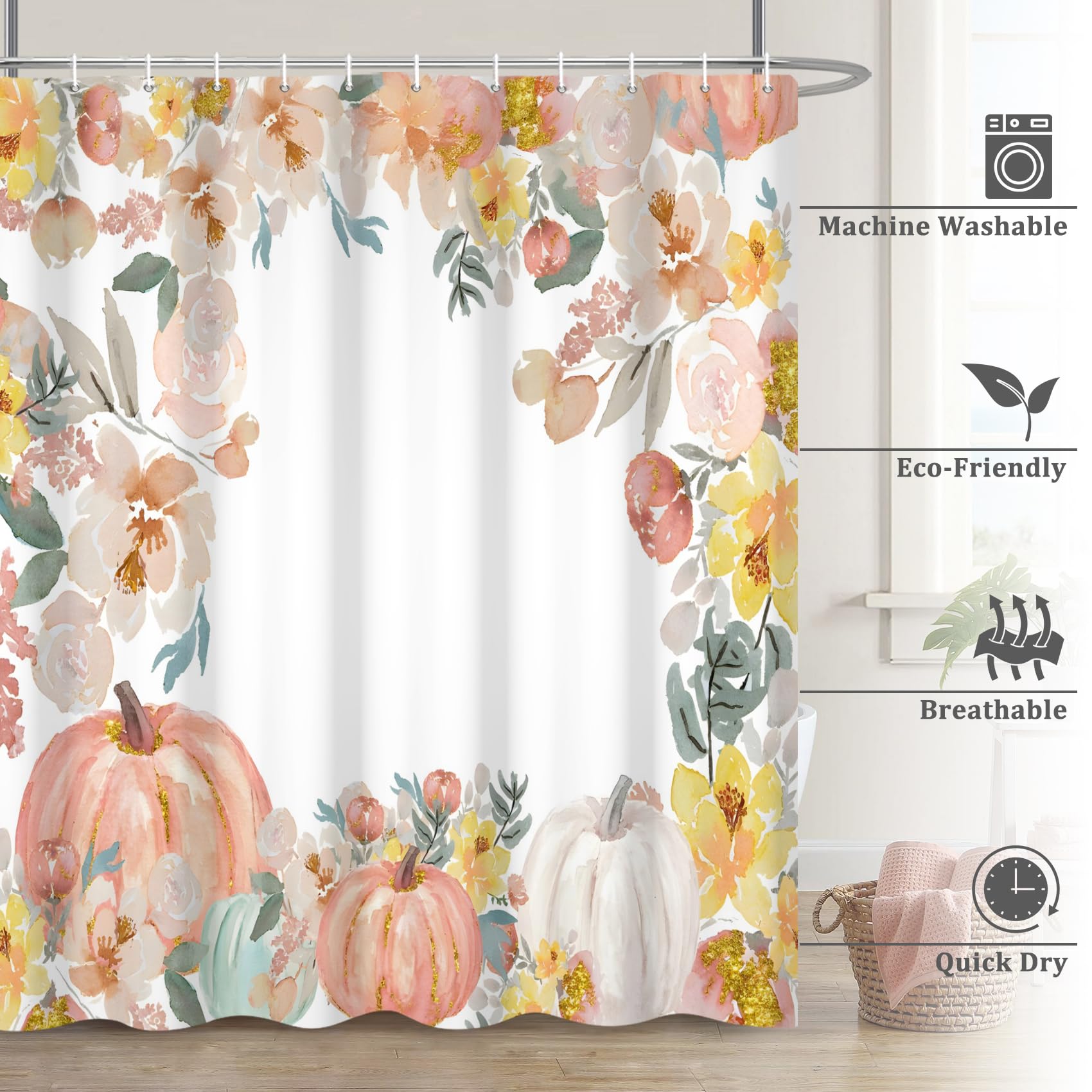 Renaiss 72 x 72 Inch Autumn Shower Curtain for Bathroom Pink Watercolor Pumpkins Floral Bathroom Decor Fall Harvest Farmhouse Rustic Polyester Fabric Waterproof Bathr Curtain Set with Plastic Hooks - Image 6