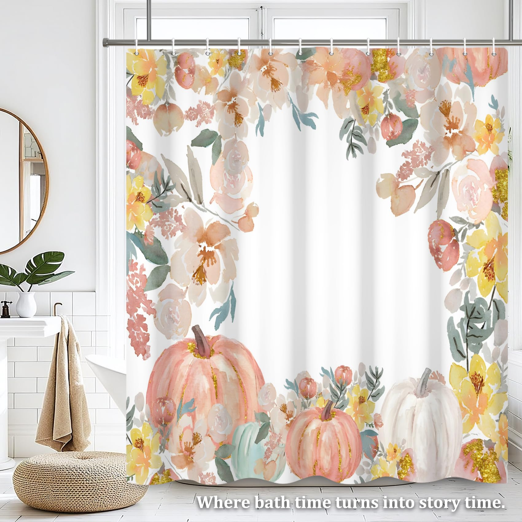 Renaiss 72 x 72 Inch Autumn Shower Curtain for Bathroom Pink Watercolor Pumpkins Floral Bathroom Decor Fall Harvest Farmhouse Rustic Polyester Fabric Waterproof Bathr Curtain Set with Plastic Hooks - Image 7