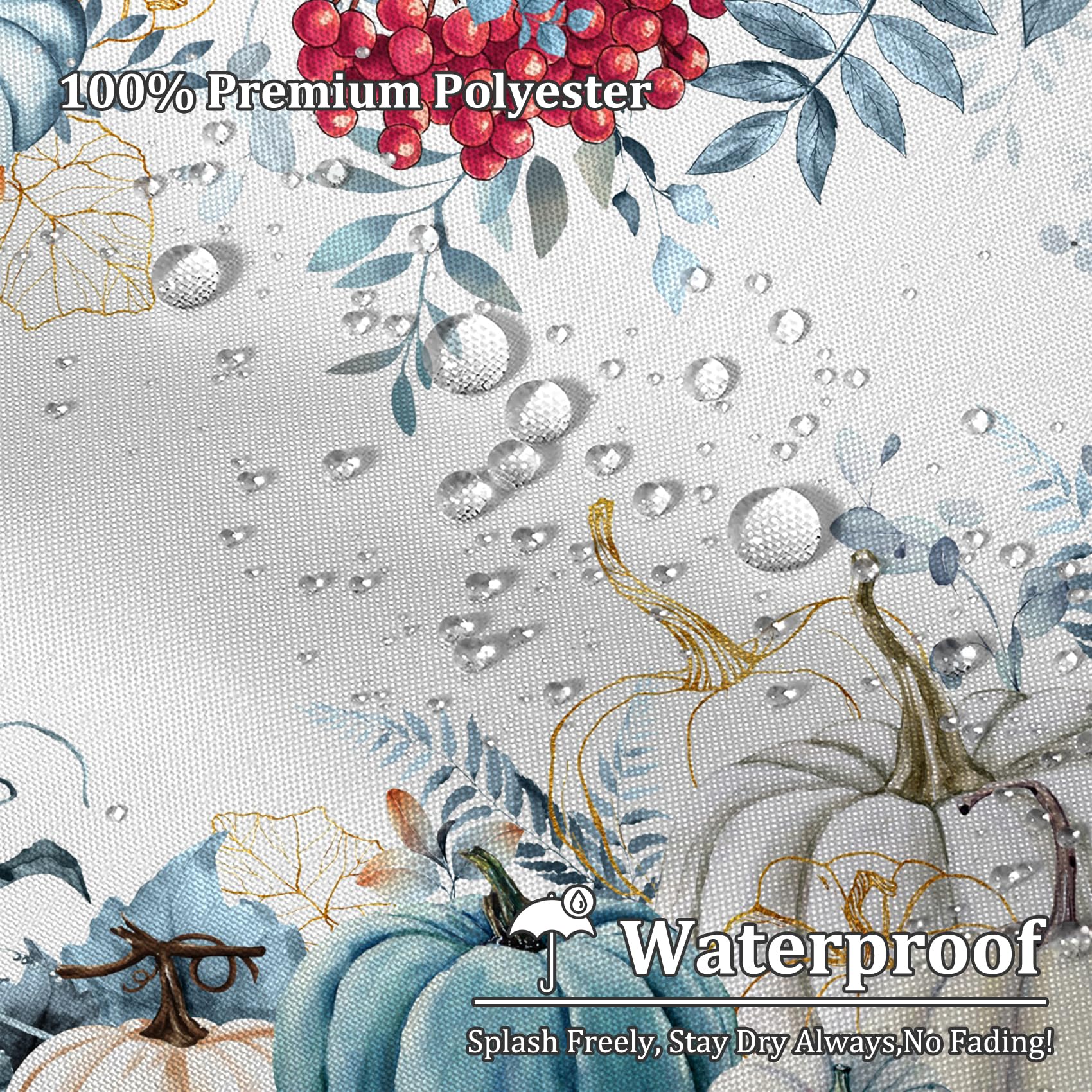 Renaiss 72 x 72 Inch Fall Pumpkins Shower Curtain Blue Leaves White Pumpkin Thanksgiving Day Shower Curtain for Bathroom Red Fruits Autumn Bathroom Decor Curain Washable Fabric with Plastic Hooks - Image 3