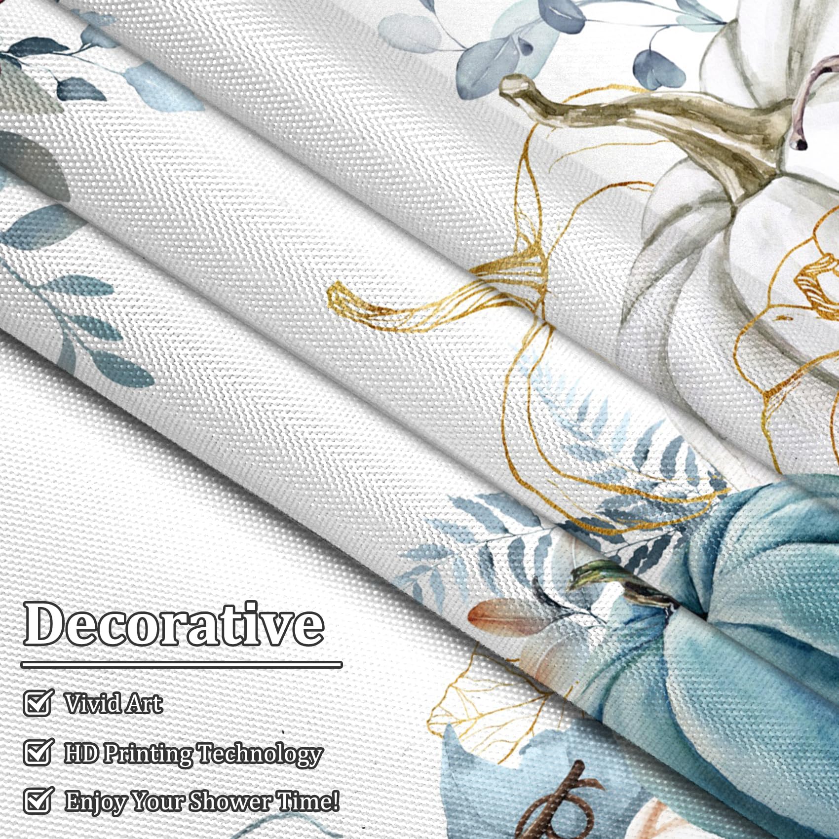 Renaiss 72 x 72 Inch Fall Pumpkins Shower Curtain Blue Leaves White Pumpkin Thanksgiving Day Shower Curtain for Bathroom Red Fruits Autumn Bathroom Decor Curain Washable Fabric with Plastic Hooks - Image 4