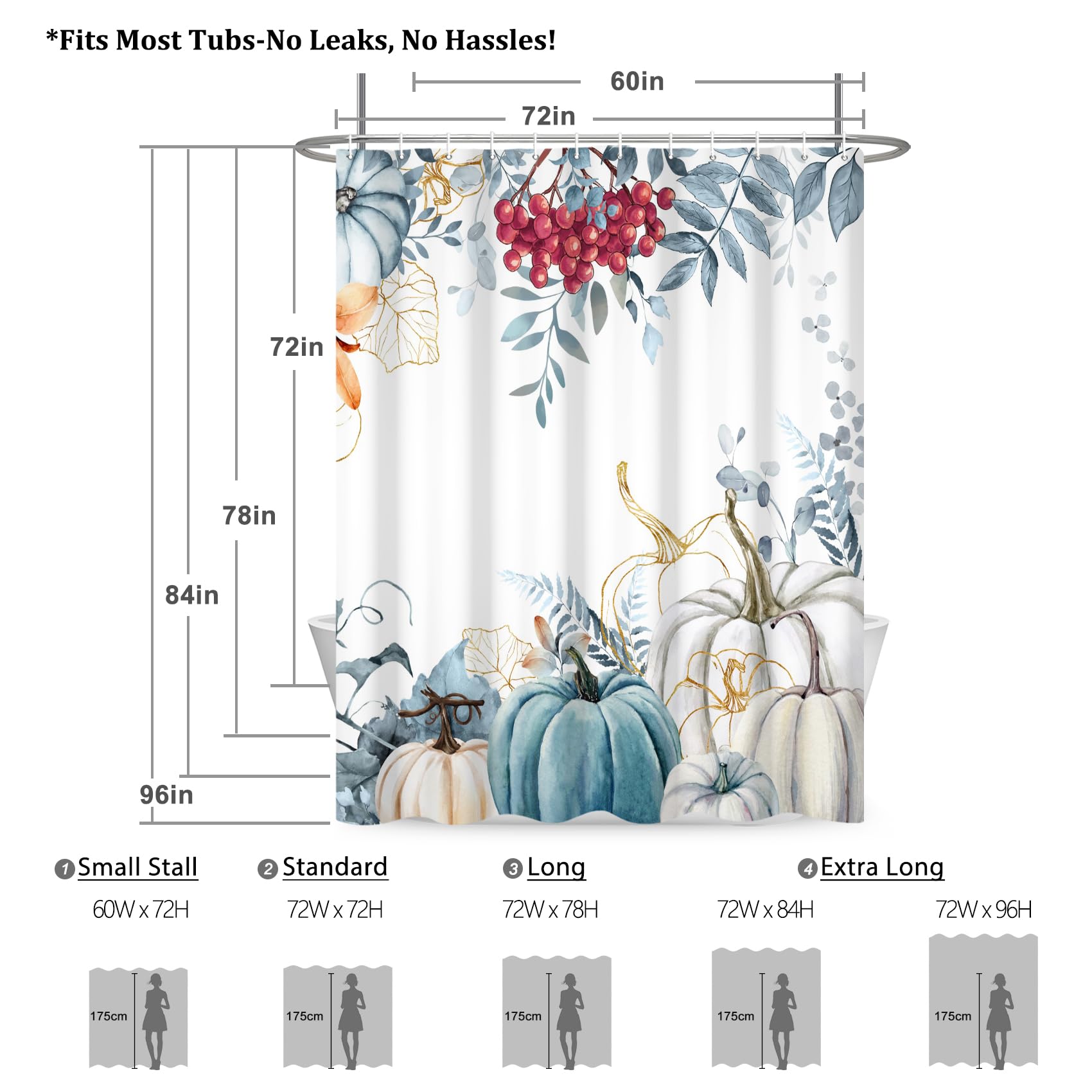 Renaiss 72 x 72 Inch Fall Pumpkins Shower Curtain Blue Leaves White Pumpkin Thanksgiving Day Shower Curtain for Bathroom Red Fruits Autumn Bathroom Decor Curain Washable Fabric with Plastic Hooks - Image 5