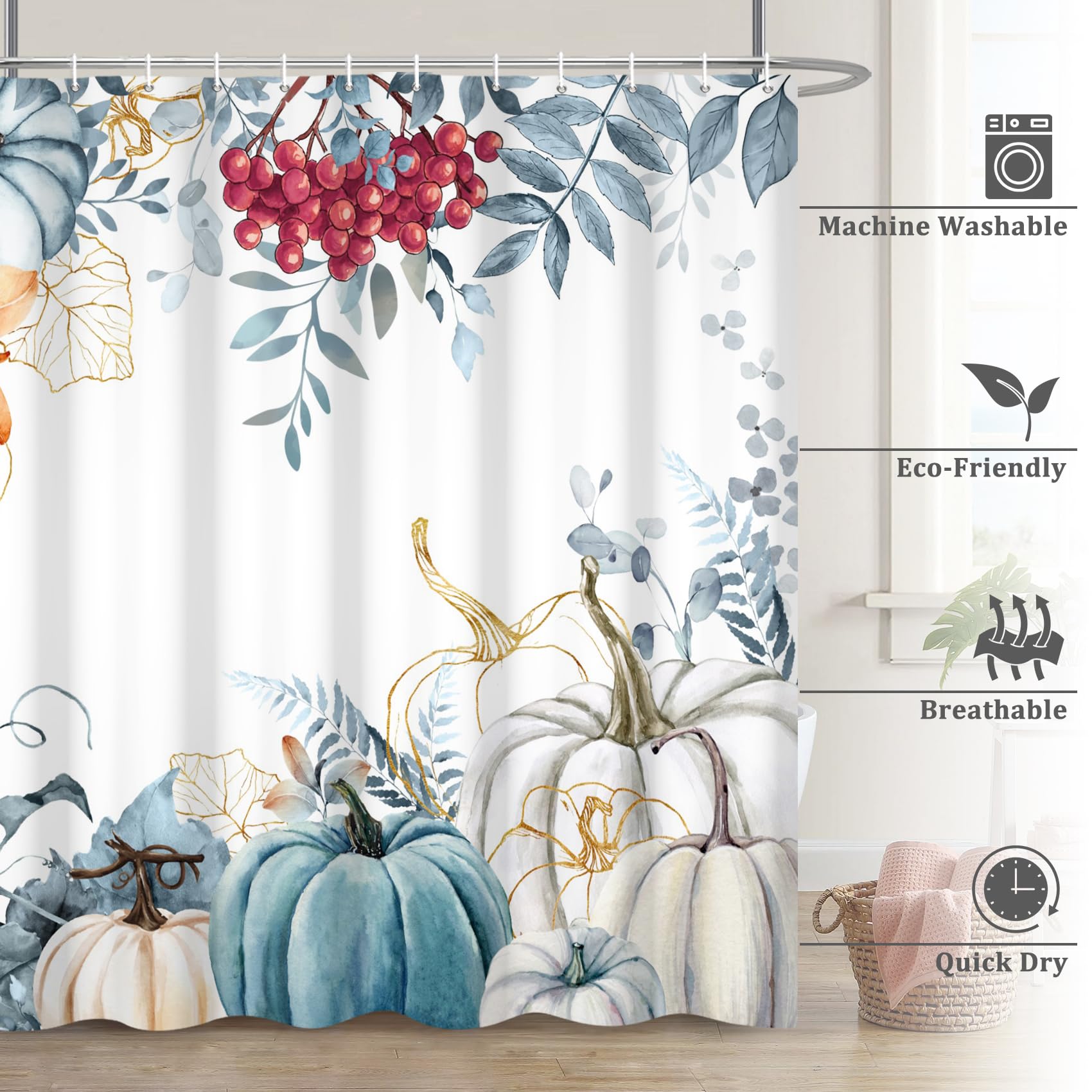 Renaiss 72 x 72 Inch Fall Pumpkins Shower Curtain Blue Leaves White Pumpkin Thanksgiving Day Shower Curtain for Bathroom Red Fruits Autumn Bathroom Decor Curain Washable Fabric with Plastic Hooks - Image 6
