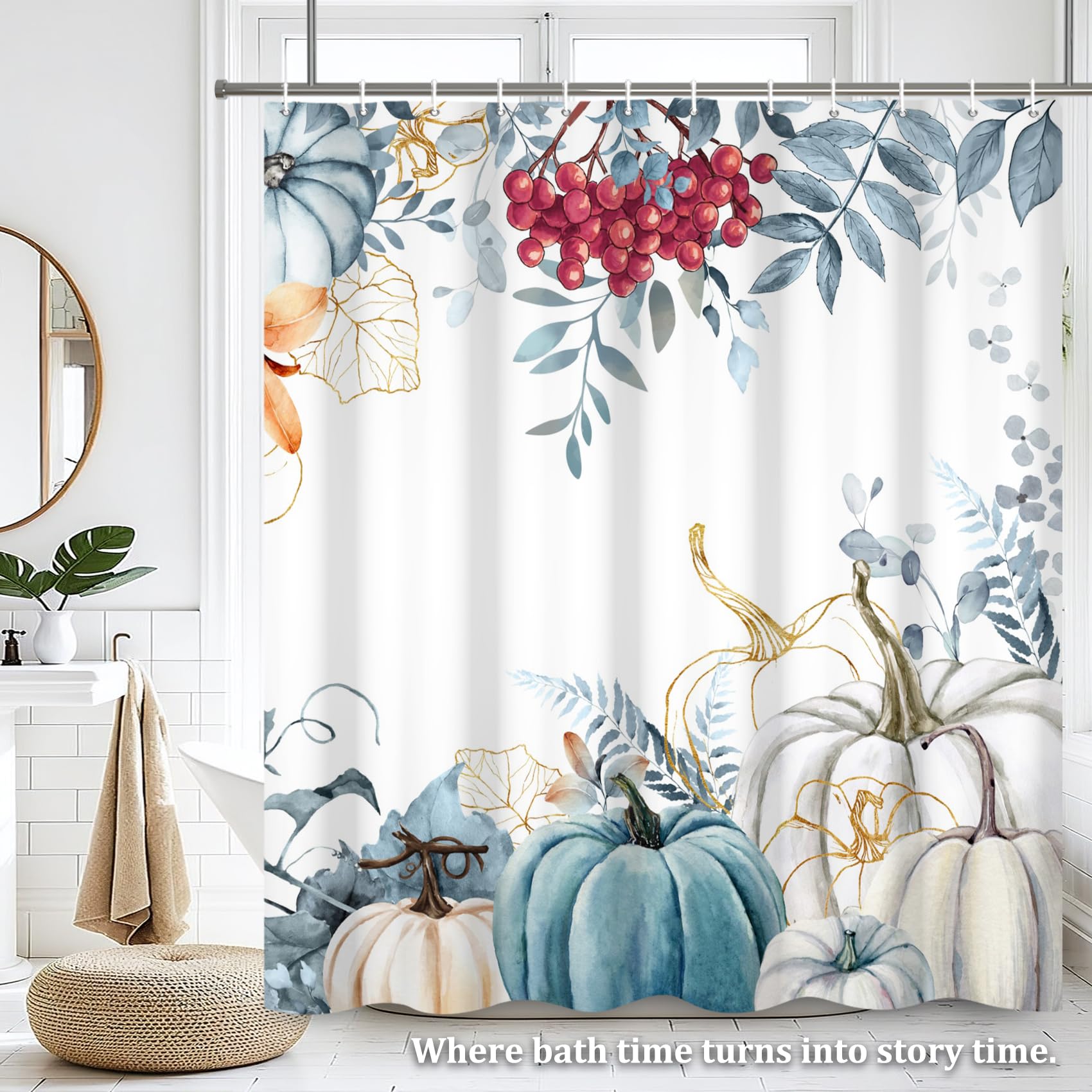Renaiss 72 x 72 Inch Fall Pumpkins Shower Curtain Blue Leaves White Pumpkin Thanksgiving Day Shower Curtain for Bathroom Red Fruits Autumn Bathroom Decor Curain Washable Fabric with Plastic Hooks - Image 7