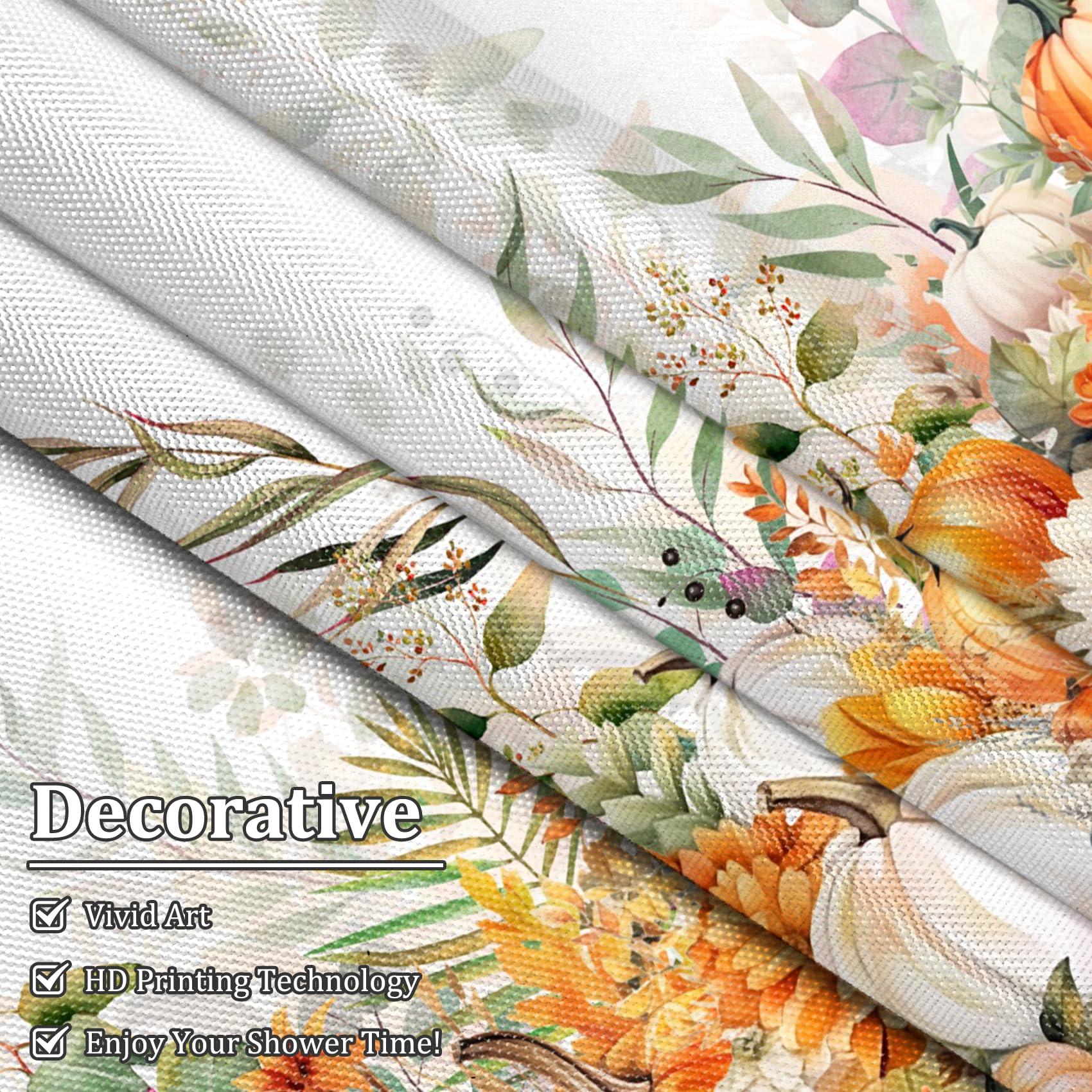 Renaiss 72 x 72 Inch Fall Watercolor Pumpkin Shower Curtain Autumn Flower Plant Thanksgiving Harvest Pumpkin Floral Bathroom Curtain Bathtub Home Decor Waterproof Fabric Machine Washable Plastic Hooks - Image 4