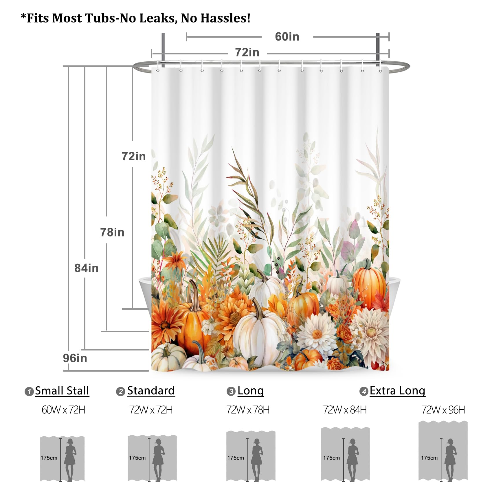 Renaiss 72 x 72 Inch Fall Watercolor Pumpkin Shower Curtain Autumn Flower Plant Thanksgiving Harvest Pumpkin Floral Bathroom Curtain Bathtub Home Decor Waterproof Fabric Machine Washable Plastic Hooks - Image 5