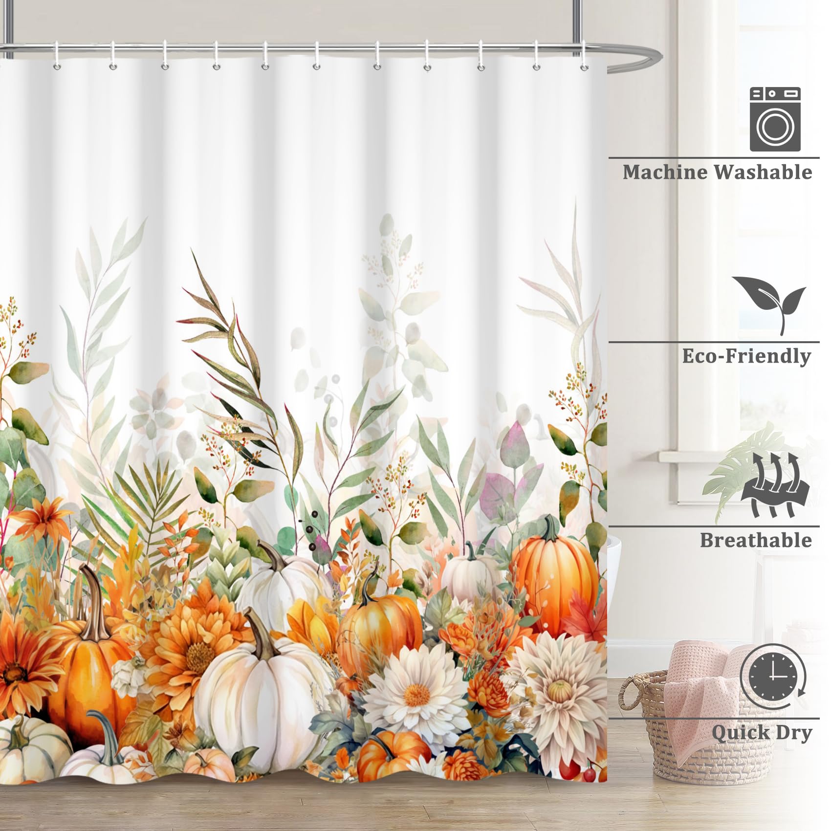 Renaiss 72 x 72 Inch Fall Watercolor Pumpkin Shower Curtain Autumn Flower Plant Thanksgiving Harvest Pumpkin Floral Bathroom Curtain Bathtub Home Decor Waterproof Fabric Machine Washable Plastic Hooks - Image 6