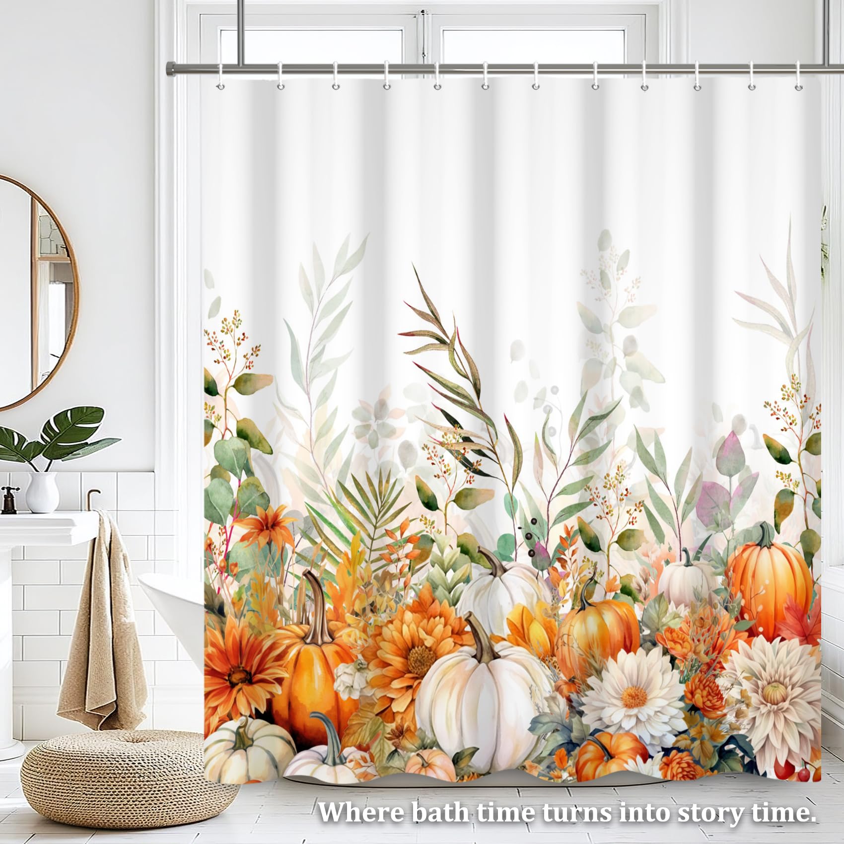 Renaiss 72 x 72 Inch Fall Watercolor Pumpkin Shower Curtain Autumn Flower Plant Thanksgiving Harvest Pumpkin Floral Bathroom Curtain Bathtub Home Decor Waterproof Fabric Machine Washable Plastic Hooks - Image 7