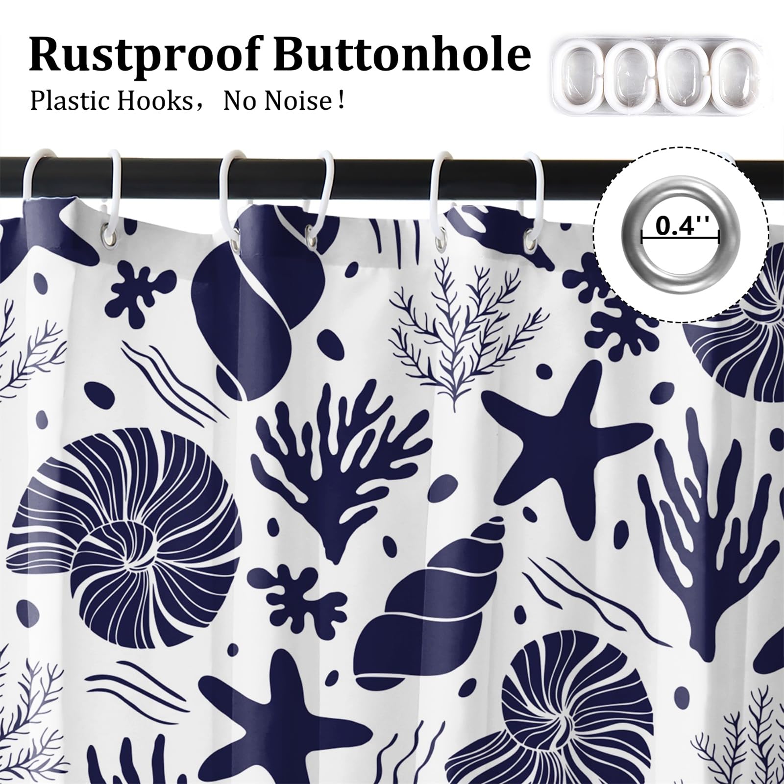 Renaiss 72 x 78 Inch Starfish Seashells Shower Curtain Coral Conch Nautical Oncean Beach Summer Bathroom Decor Curtain Nautical Marine Theme Waterproof Fabric Machine Washable with 12 Hooks White - Image 4