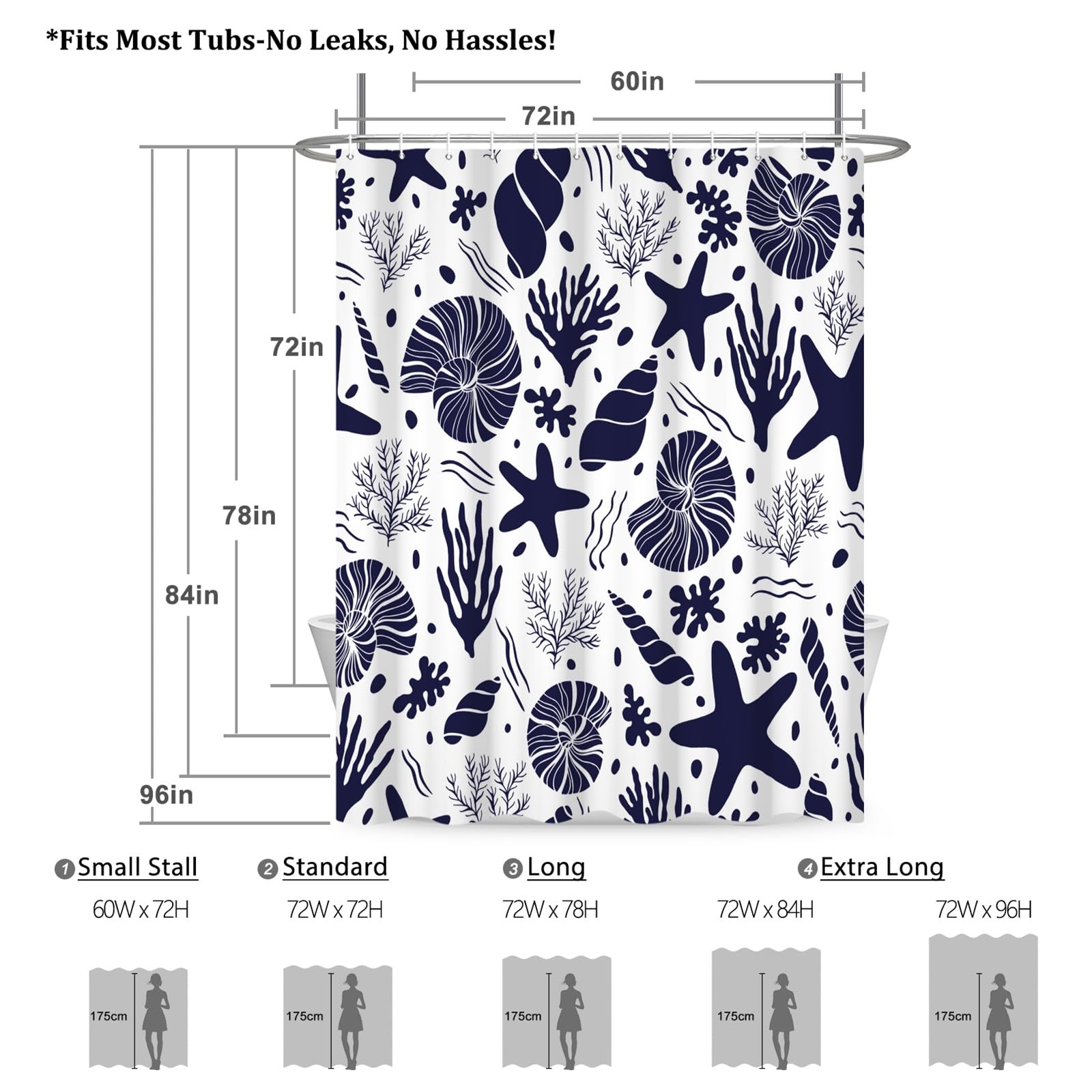 Renaiss 72 x 78 Inch Starfish Seashells Shower Curtain Coral Conch Nautical Oncean Beach Summer Bathroom Decor Curtain Nautical Marine Theme Waterproof Fabric Machine Washable with 12 Hooks White - Image 5