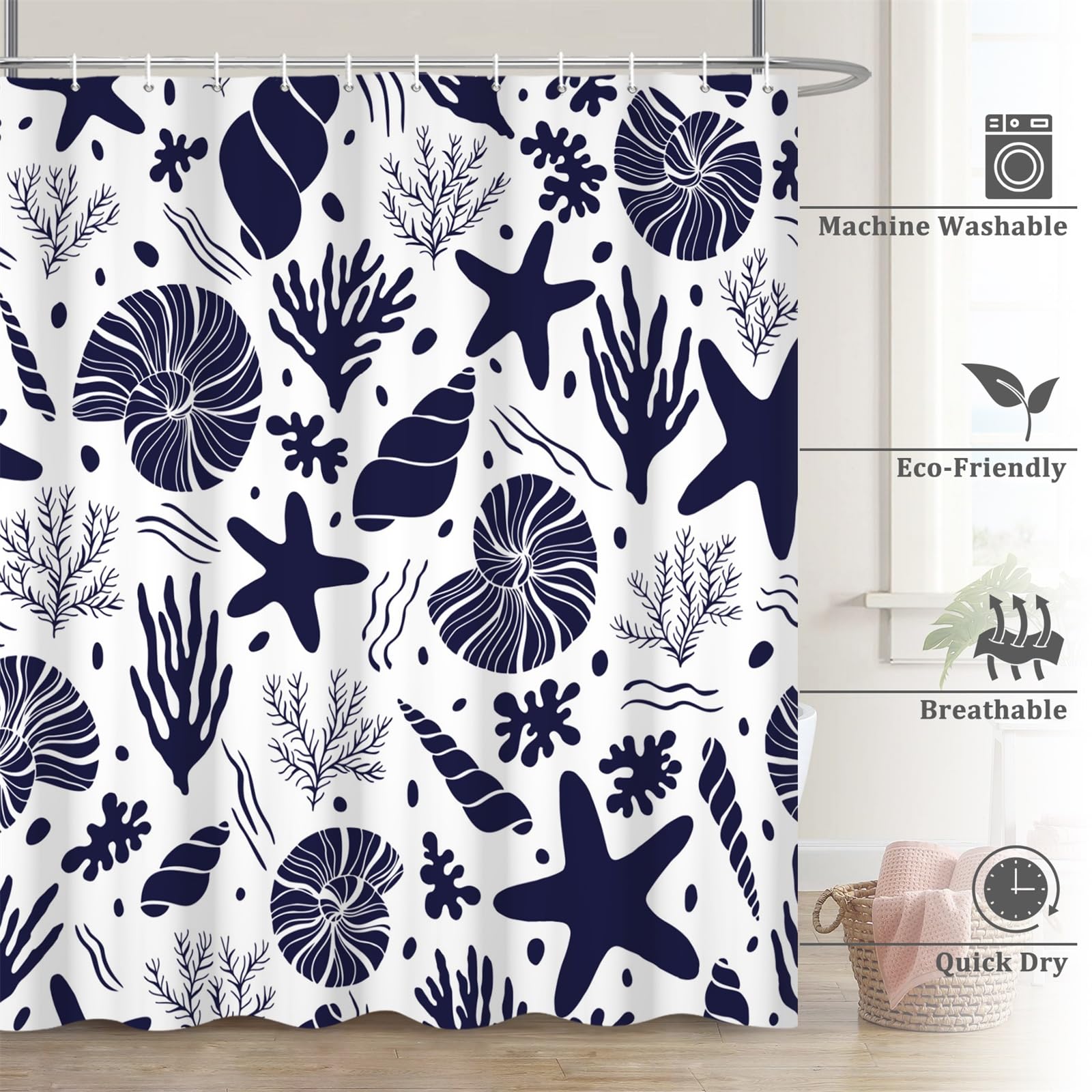 Renaiss 72 x 78 Inch Starfish Seashells Shower Curtain Coral Conch Nautical Oncean Beach Summer Bathroom Decor Curtain Nautical Marine Theme Waterproof Fabric Machine Washable with 12 Hooks White - Image 6