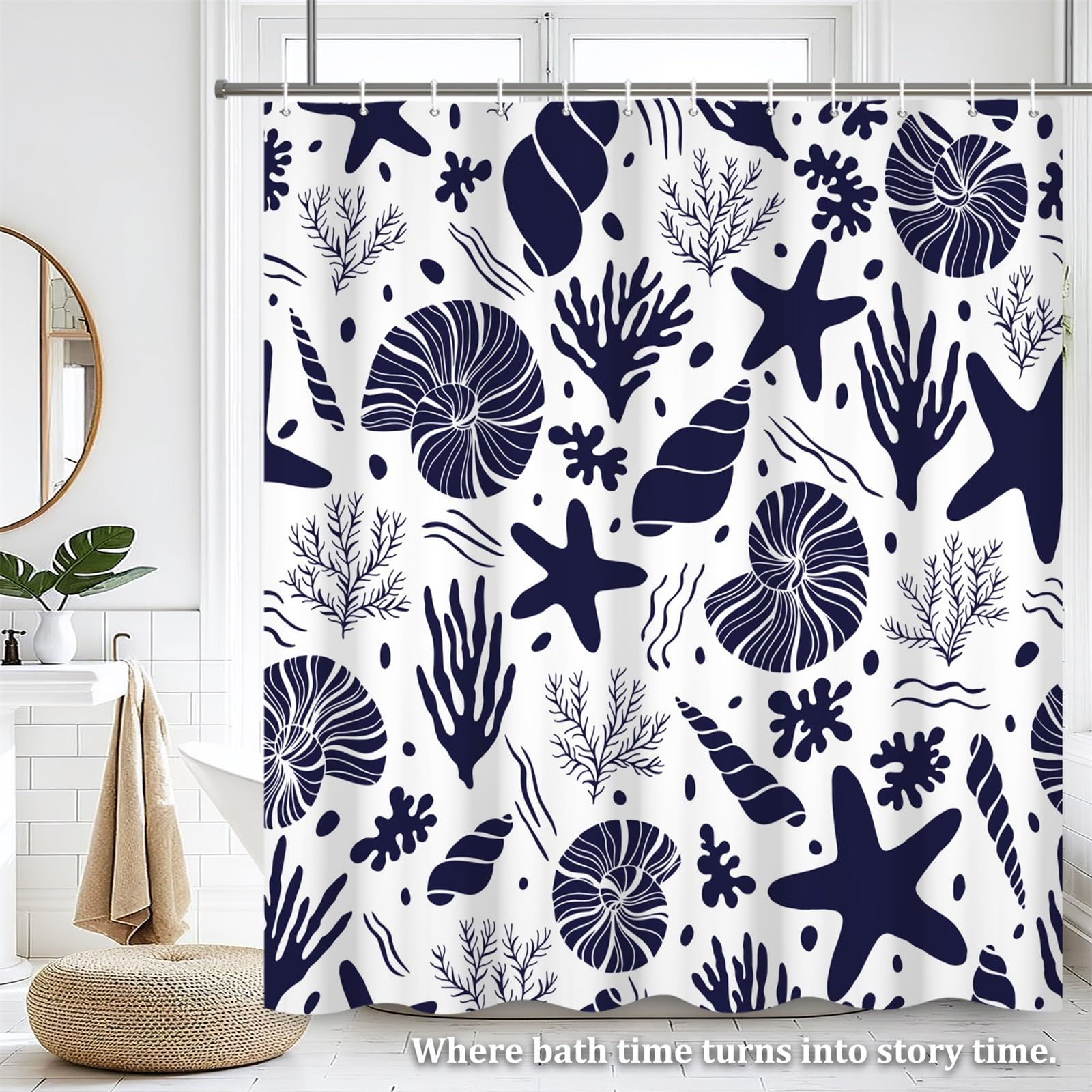 Renaiss 72 x 78 Inch Starfish Seashells Shower Curtain Coral Conch Nautical Oncean Beach Summer Bathroom Decor Curtain Nautical Marine Theme Waterproof Fabric Machine Washable with 12 Hooks White - Image 7