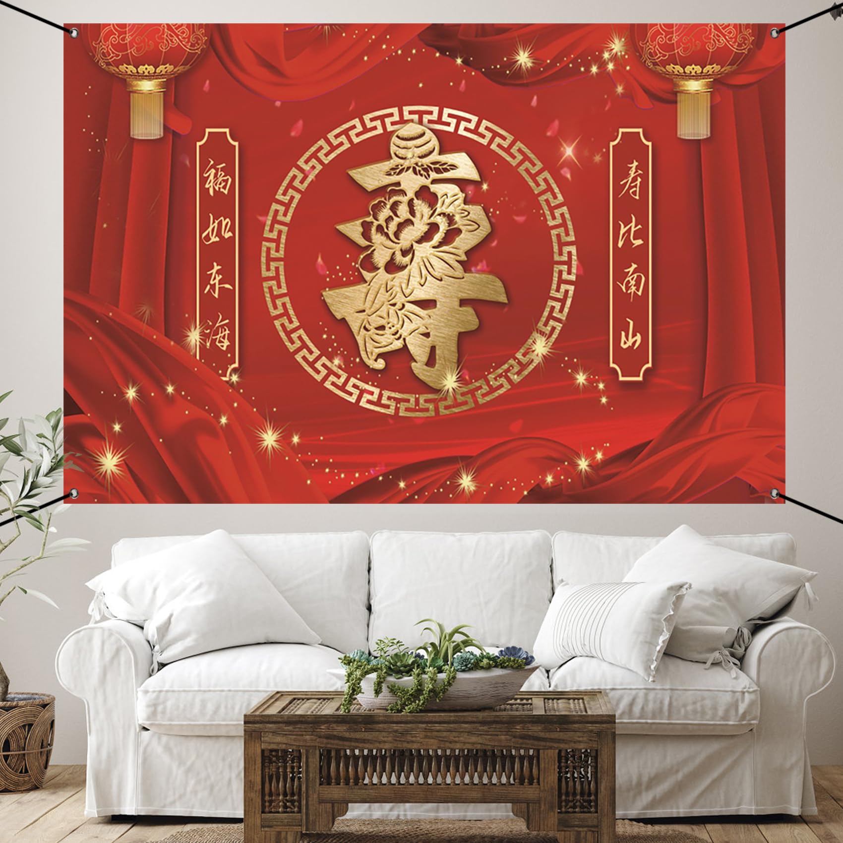 Renaiss 6x3.6ft Chinese Style Elderly Birthday Banner Best Wishes For Happiness And Longevity Birthday Party Decoration Red Lantern Silk Grandparents 60th 70th 80th 90th The Aged Bday Backdrop - Image 8