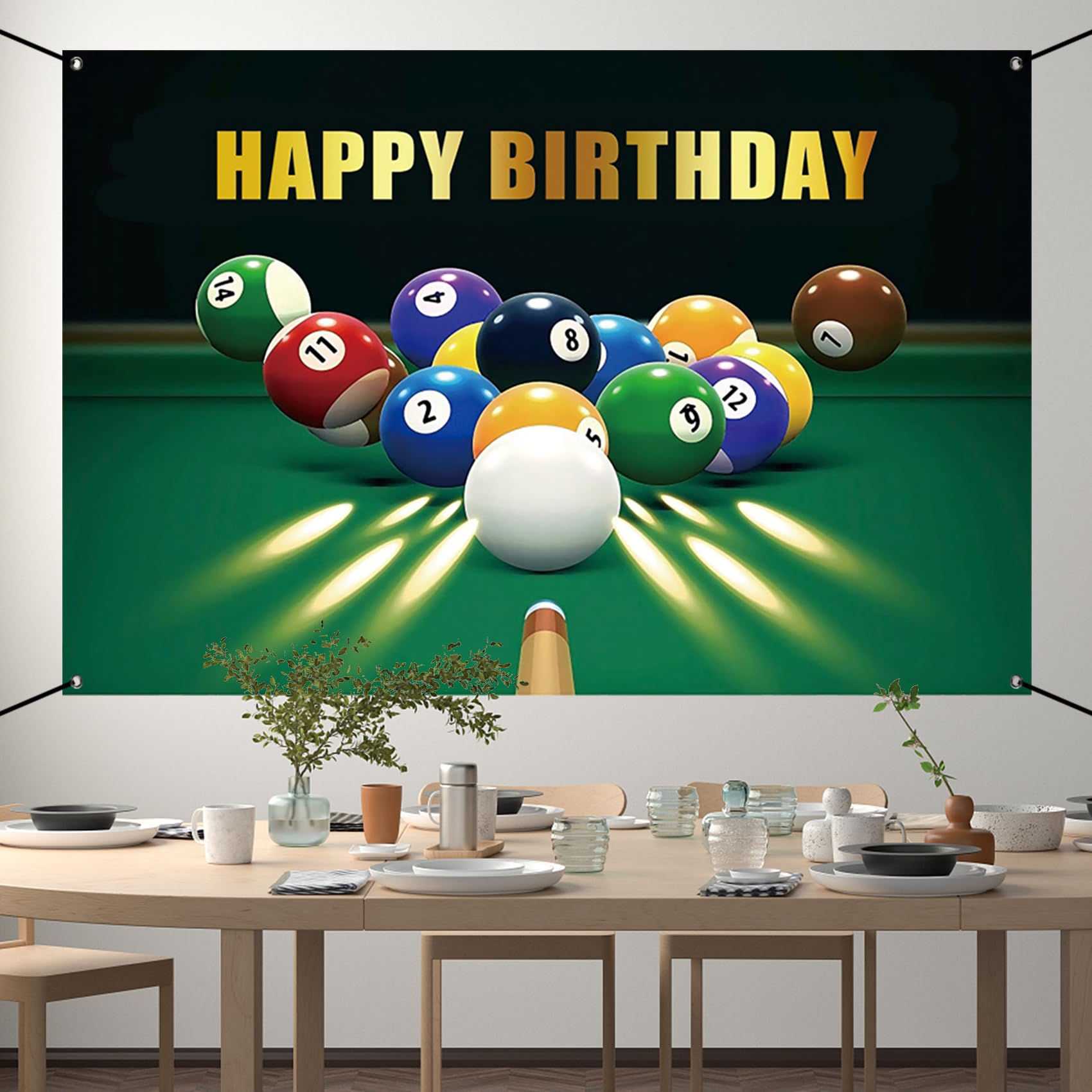 Renaiss 6x3.6ft Happy Birthday Banner Billiards Kick-Off Party Decoration Snooker Pool Balls Black Green Photocall Background Car Wall Decors for Man Woman Boy Bday Yard Sign Party Supplies - Image 3