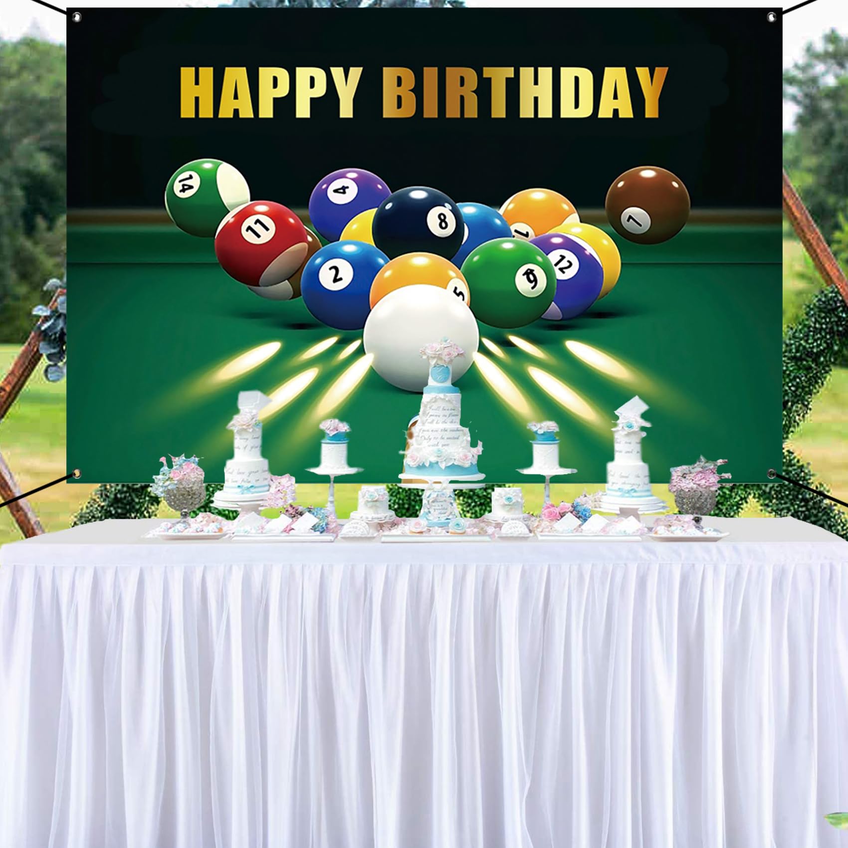 Renaiss 6x3.6ft Happy Birthday Banner Billiards Kick-Off Party Decoration Snooker Pool Balls Black Green Photocall Background Car Wall Decors for Man Woman Boy Bday Yard Sign Party Supplies - Image 4