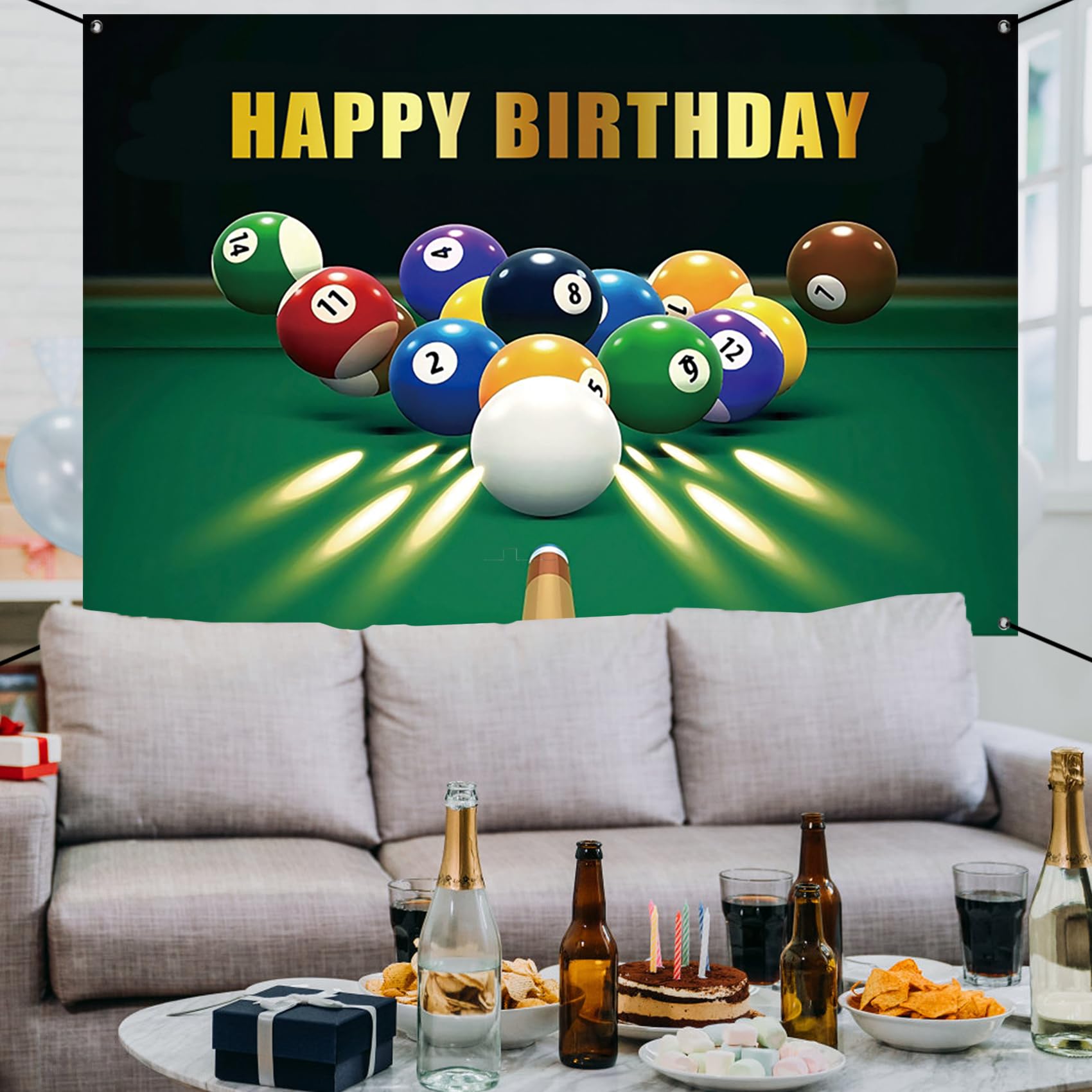 Renaiss 6x3.6ft Happy Birthday Banner Billiards Kick-Off Party Decoration Snooker Pool Balls Black Green Photocall Background Car Wall Decors for Man Woman Boy Bday Yard Sign Party Supplies - Image 6