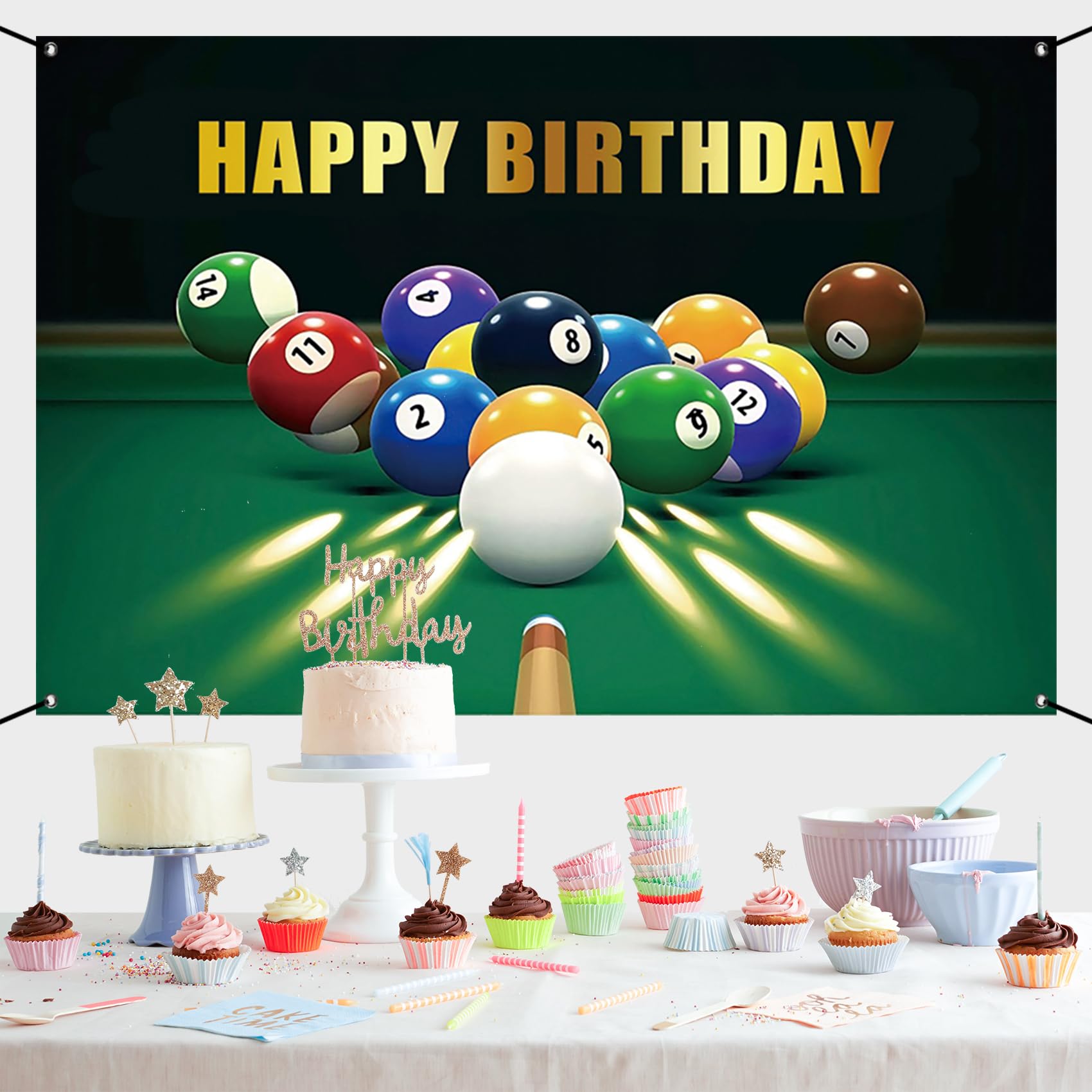 Renaiss 6x3.6ft Happy Birthday Banner Billiards Kick-Off Party Decoration Snooker Pool Balls Black Green Photocall Background Car Wall Decors for Man Woman Boy Bday Yard Sign Party Supplies - Image 7