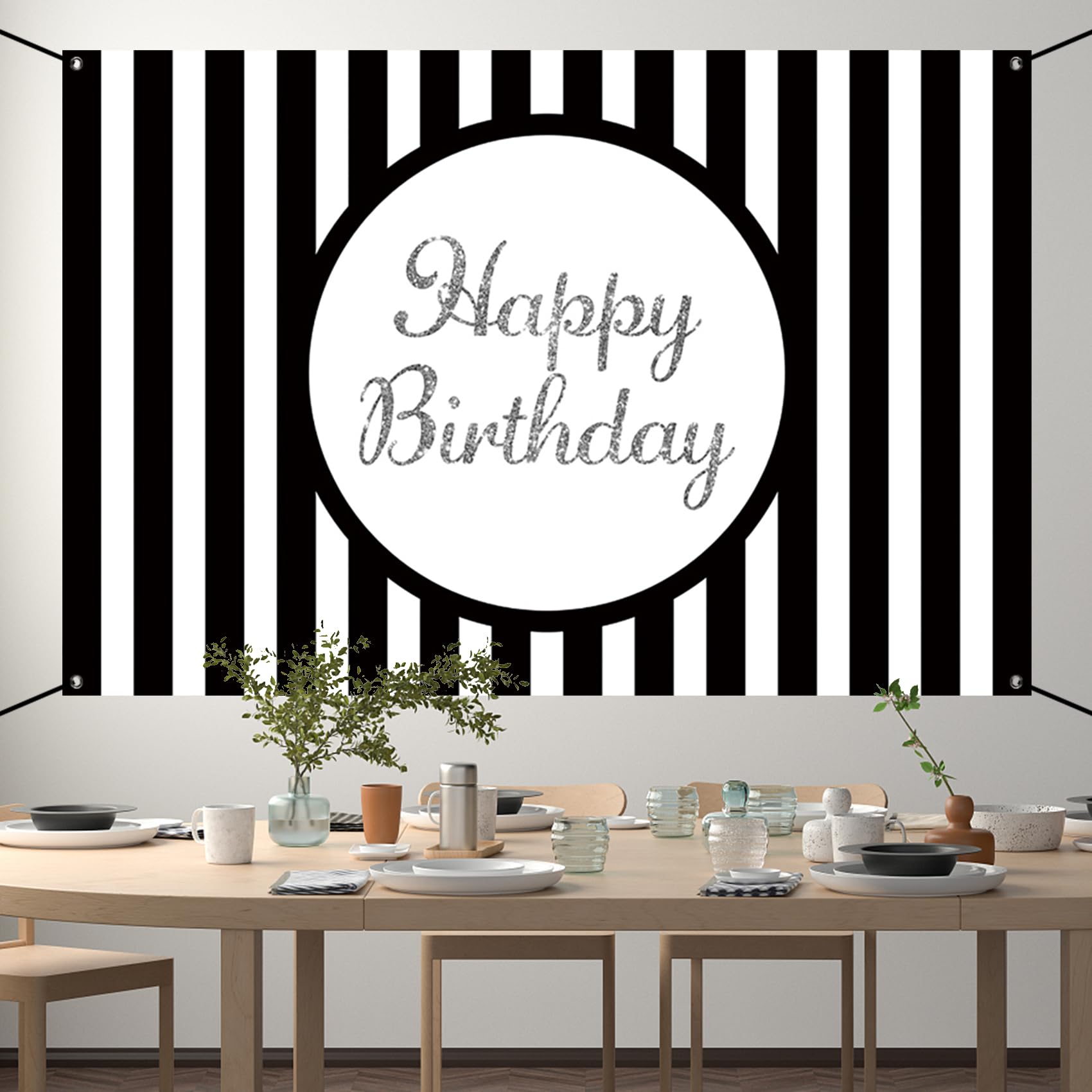Renaiss 6x3.6ft Happy Birthday Banner Black And White Stripe Party Decoration Black And White Striped Poster Classical Style Wallpaper Background Kids Yard Sign - Image 3