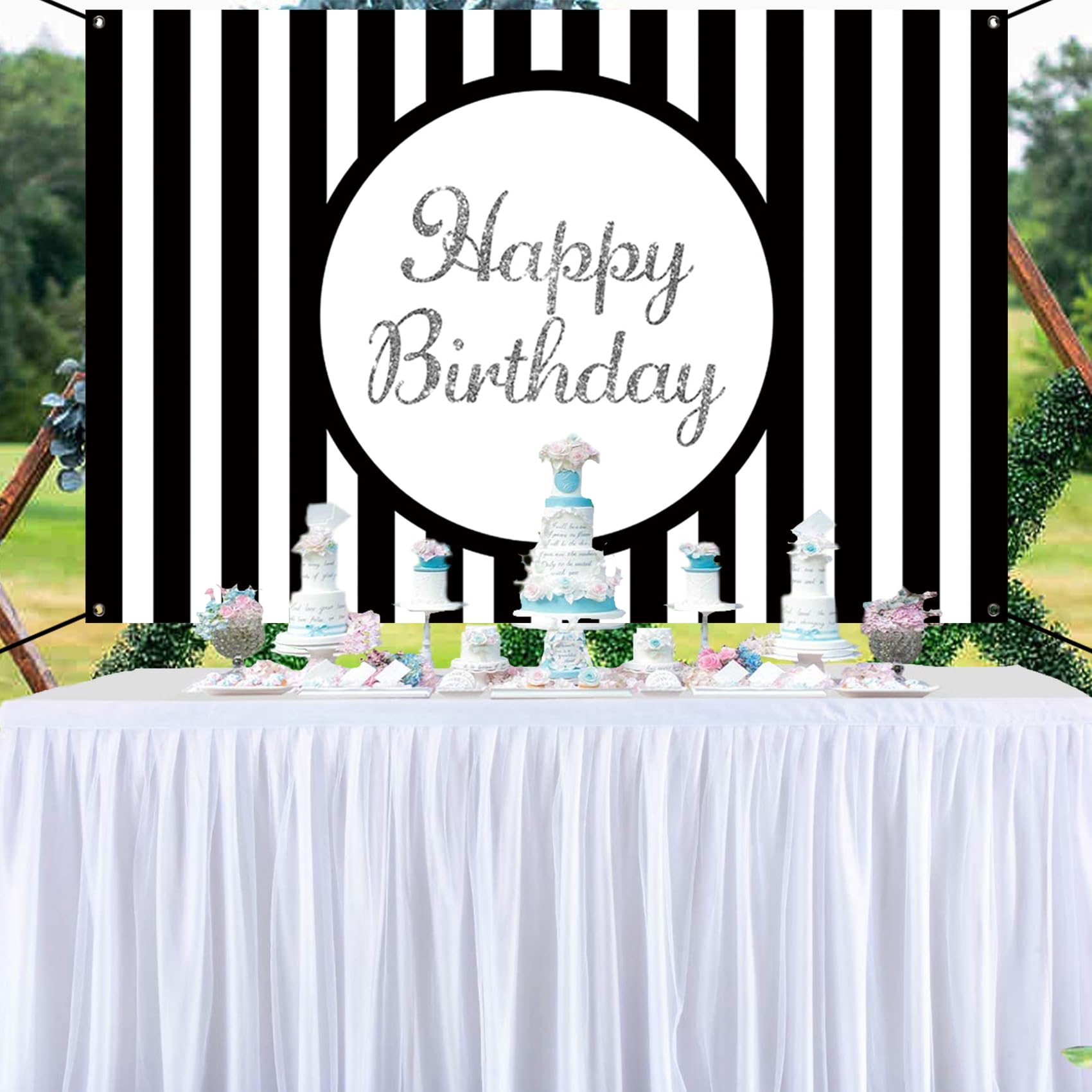 Renaiss 6x3.6ft Happy Birthday Banner Black And White Stripe Party Decoration Black And White Striped Poster Classical Style Wallpaper Background Kids Yard Sign - Image 4