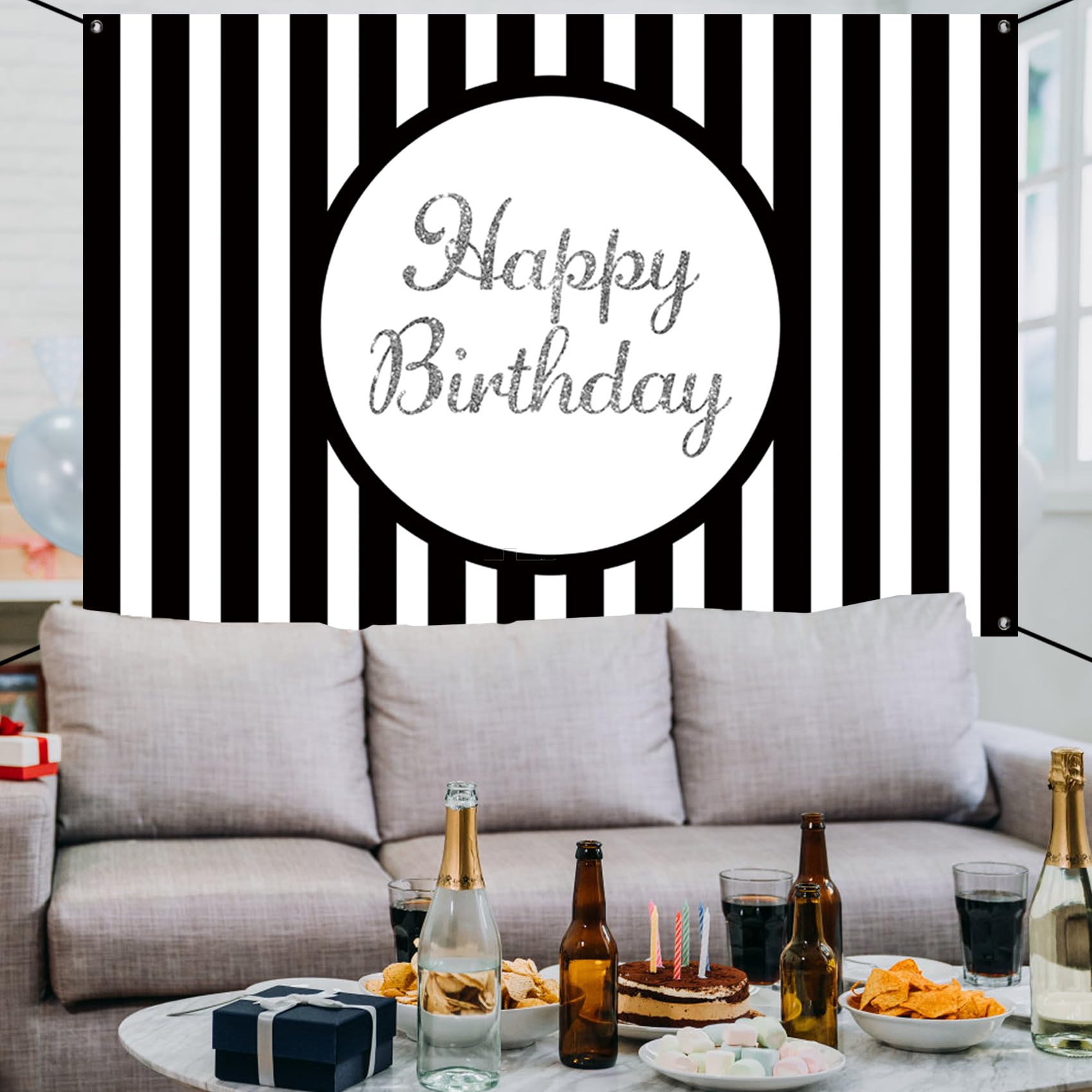 Renaiss 6x3.6ft Happy Birthday Banner Black And White Stripe Party Decoration Black And White Striped Poster Classical Style Wallpaper Background Kids Yard Sign - Image 6