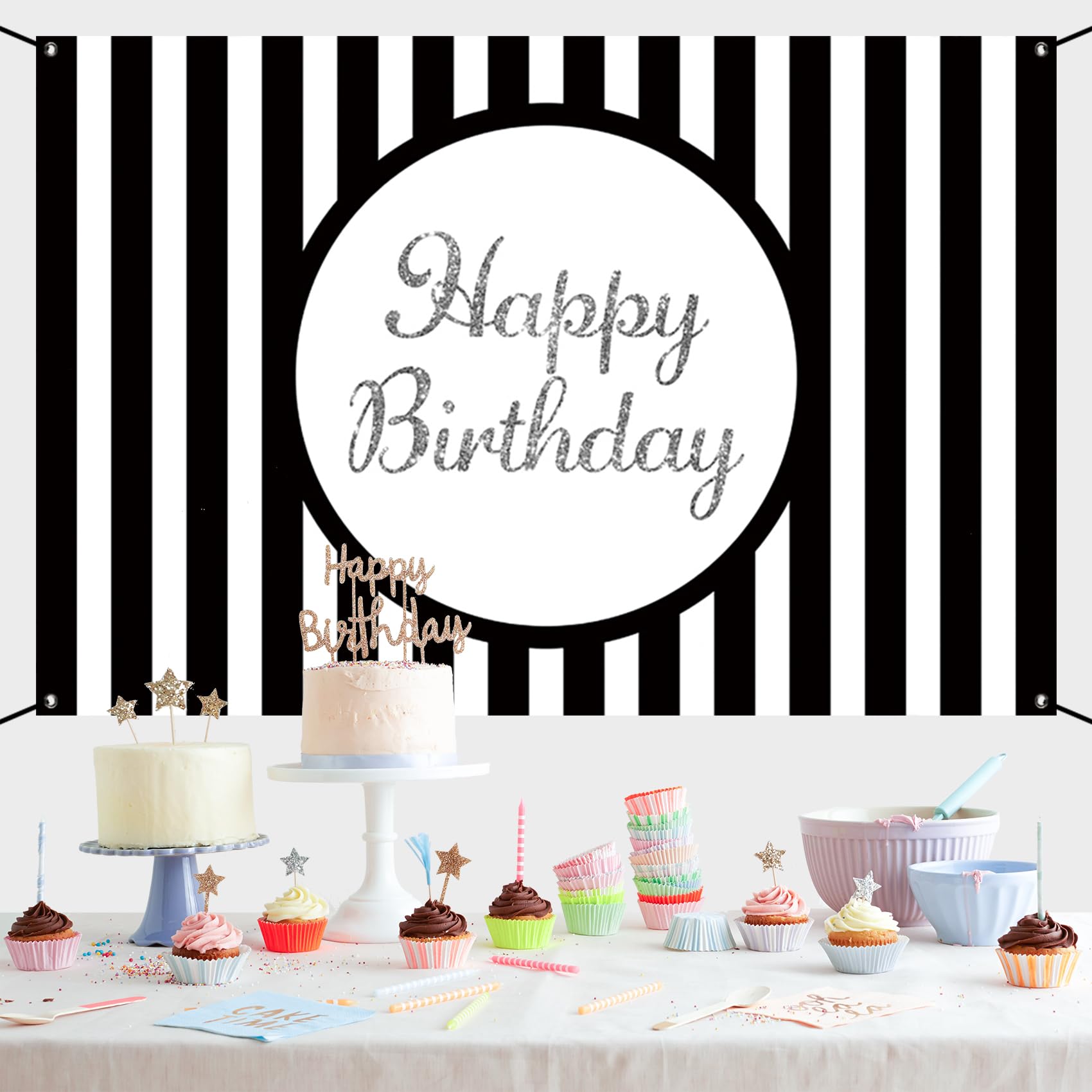 Renaiss 6x3.6ft Happy Birthday Banner Black And White Stripe Party Decoration Black And White Striped Poster Classical Style Wallpaper Background Kids Yard Sign - Image 7