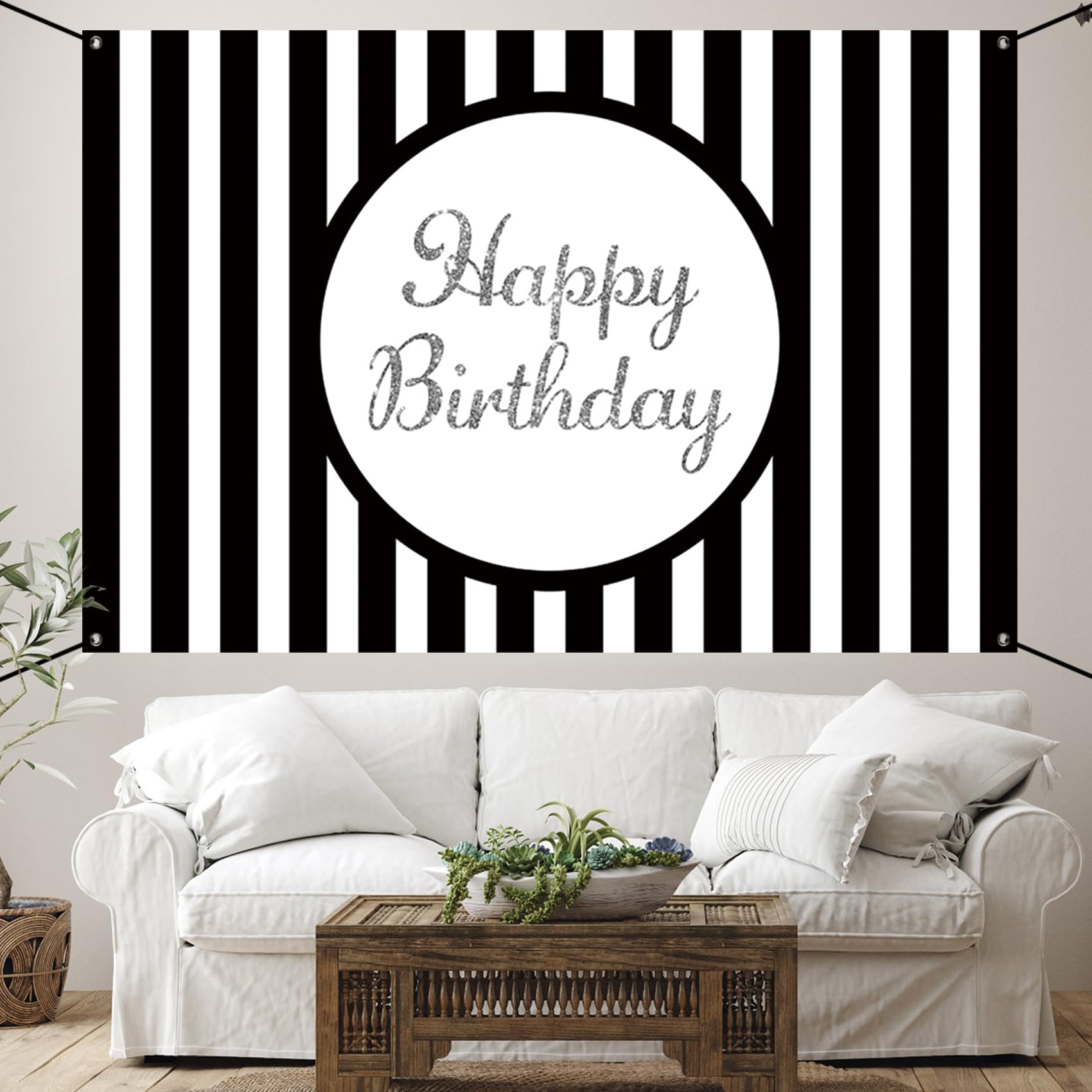 Renaiss 6x3.6ft Happy Birthday Banner Black And White Stripe Party Decoration Black And White Striped Poster Classical Style Wallpaper Background Kids Yard Sign - Image 8