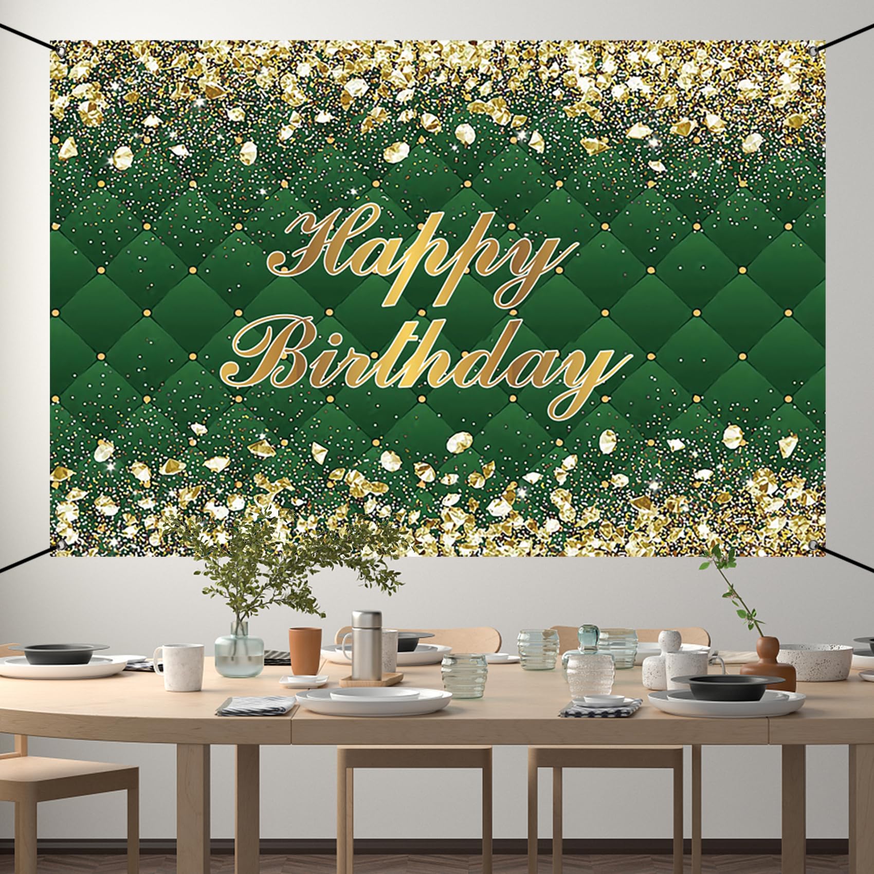 Renaiss 6x3.6ft Happy Birthday Banner Gold Diamonds Green Party Decoration Supplies Royal Green Happy Birthday Wallpaper Background For Men Women 30th 40th 50th 60th 70th 80th Bday Yard Sign - Image 3