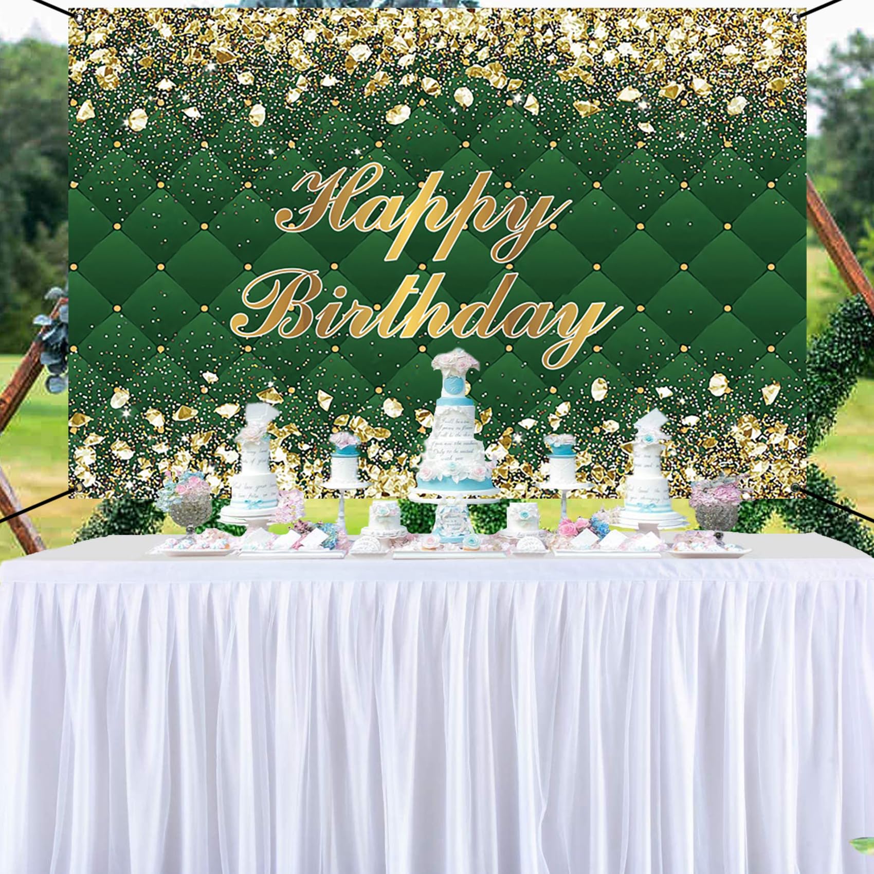 Renaiss 6x3.6ft Happy Birthday Banner Gold Diamonds Green Party Decoration Supplies Royal Green Happy Birthday Wallpaper Background For Men Women 30th 40th 50th 60th 70th 80th Bday Yard Sign - Image 4