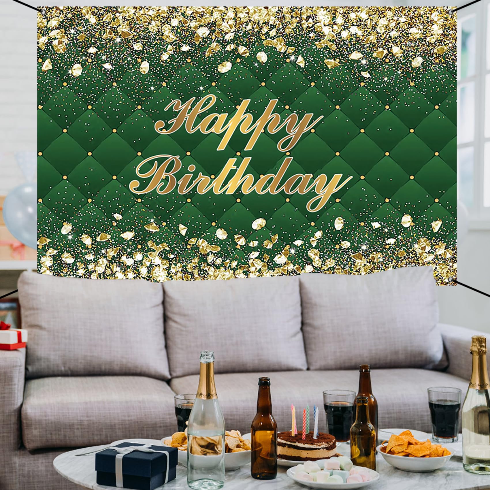 Renaiss 6x3.6ft Happy Birthday Banner Gold Diamonds Green Party Decoration Supplies Royal Green Happy Birthday Wallpaper Background For Men Women 30th 40th 50th 60th 70th 80th Bday Yard Sign - Image 6
